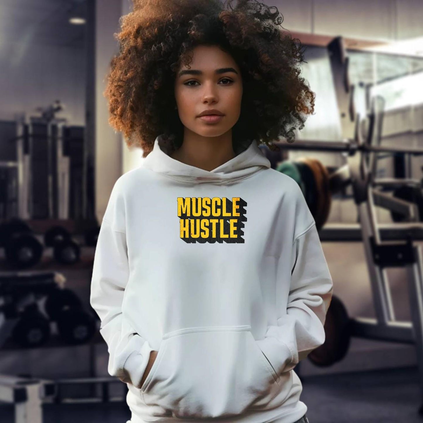 Alt text: "Muscle Hustle hoodie featuring a bold graphic design that symbolizes strength and determination, perfect for fitness enthusiasts."