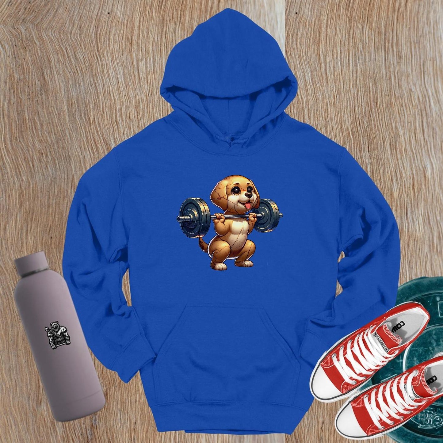 "Adorable gym hoodie featuring a playful puppy lifting weights, perfect for fitness lovers who want fun, style, and comfort in workouts."
