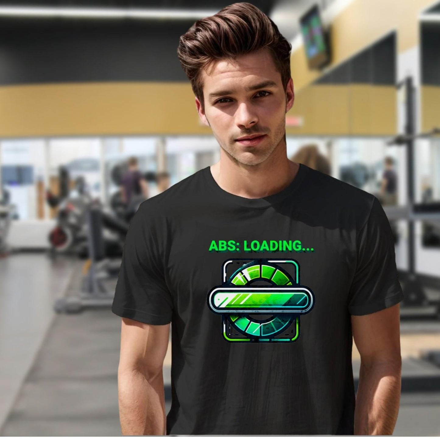 "Vibrant gym T-shirt featuring 'ABS: LOADING...' design, perfect for athletes and fitness enthusiasts, showcasing style and motivation."