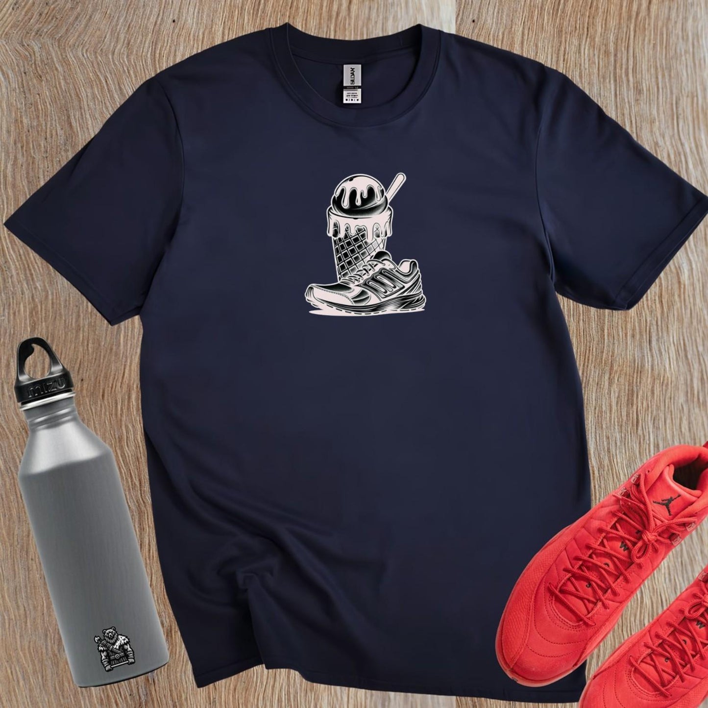 Alt text: "Unique gym T-shirt design featuring a stylish running shoe and a vibrant ice cream cone, blending fitness and fun in one graphic."