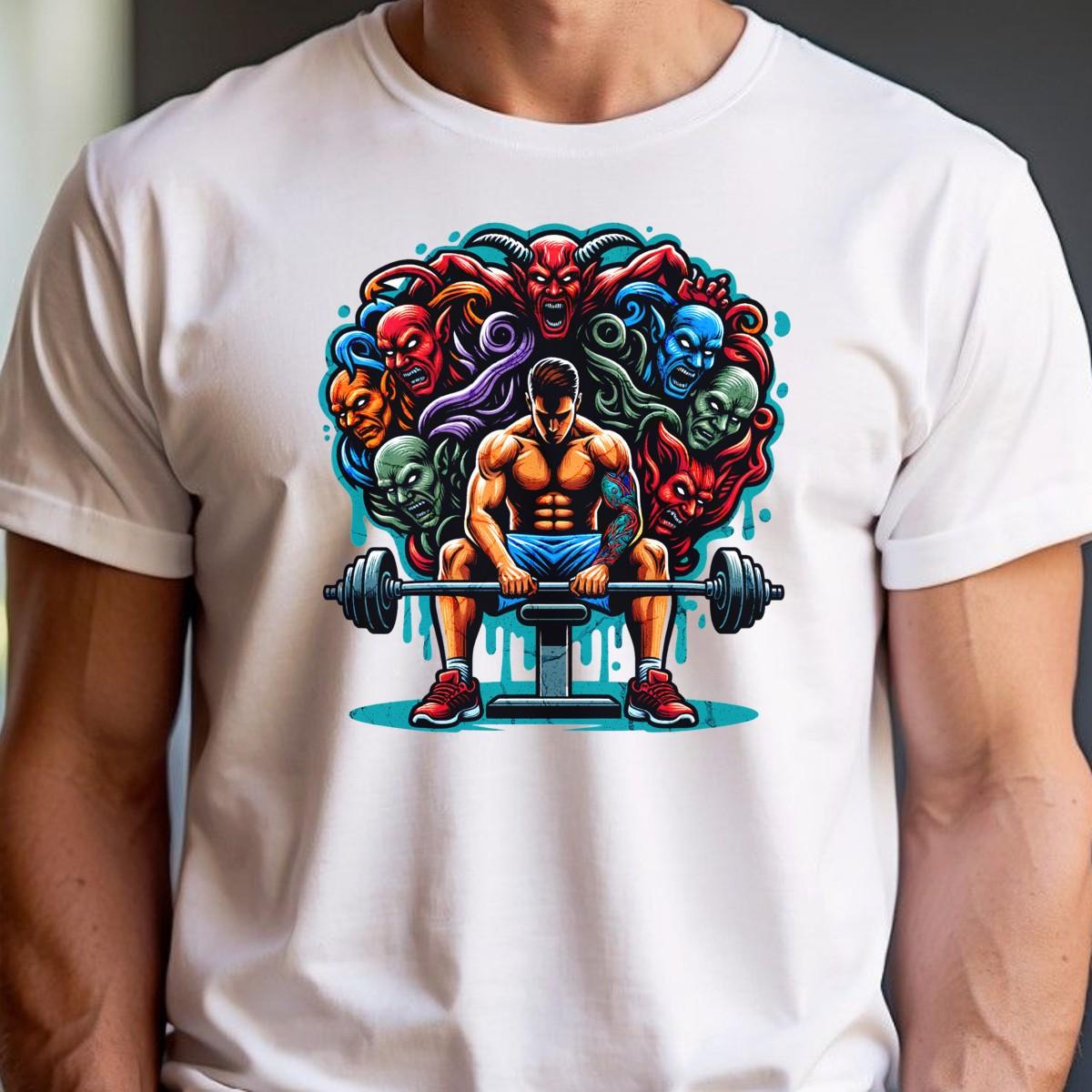 "Graphic gym t-shirt showcasing a fierce design symbolizing strength and determination, inspiring workouts and fitness dedication."