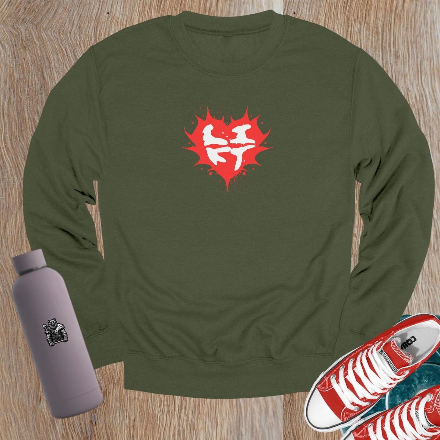 "Stylish crewneck sweatshirt with a vibrant heart design, ideal for fitness enthusiasts. Perfect for workouts and casual wear."