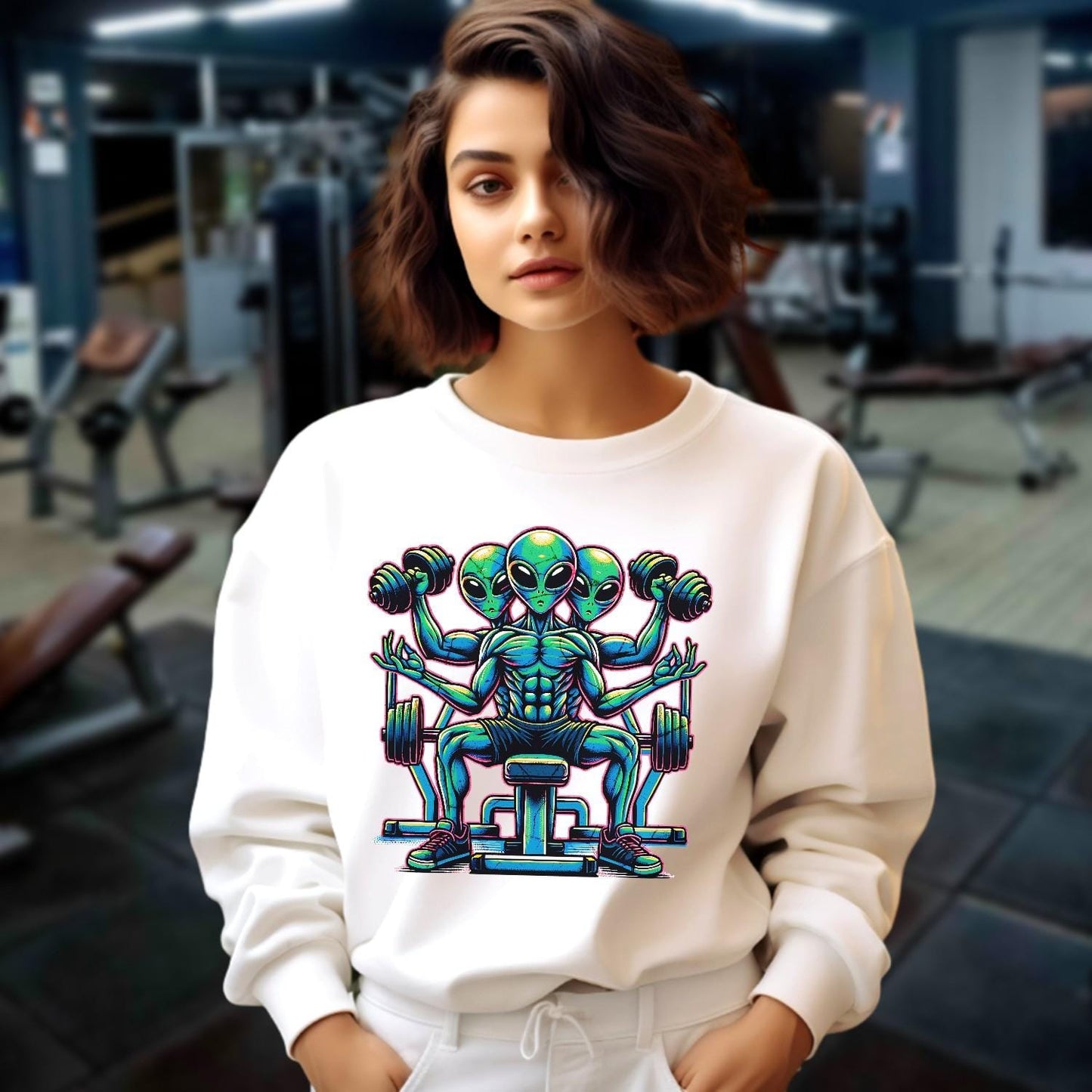 "Vibrant gym sweatshirt featuring a bold alien lifter graphic, perfect for fitness enthusiasts. Energetic design for workouts and casual wear."