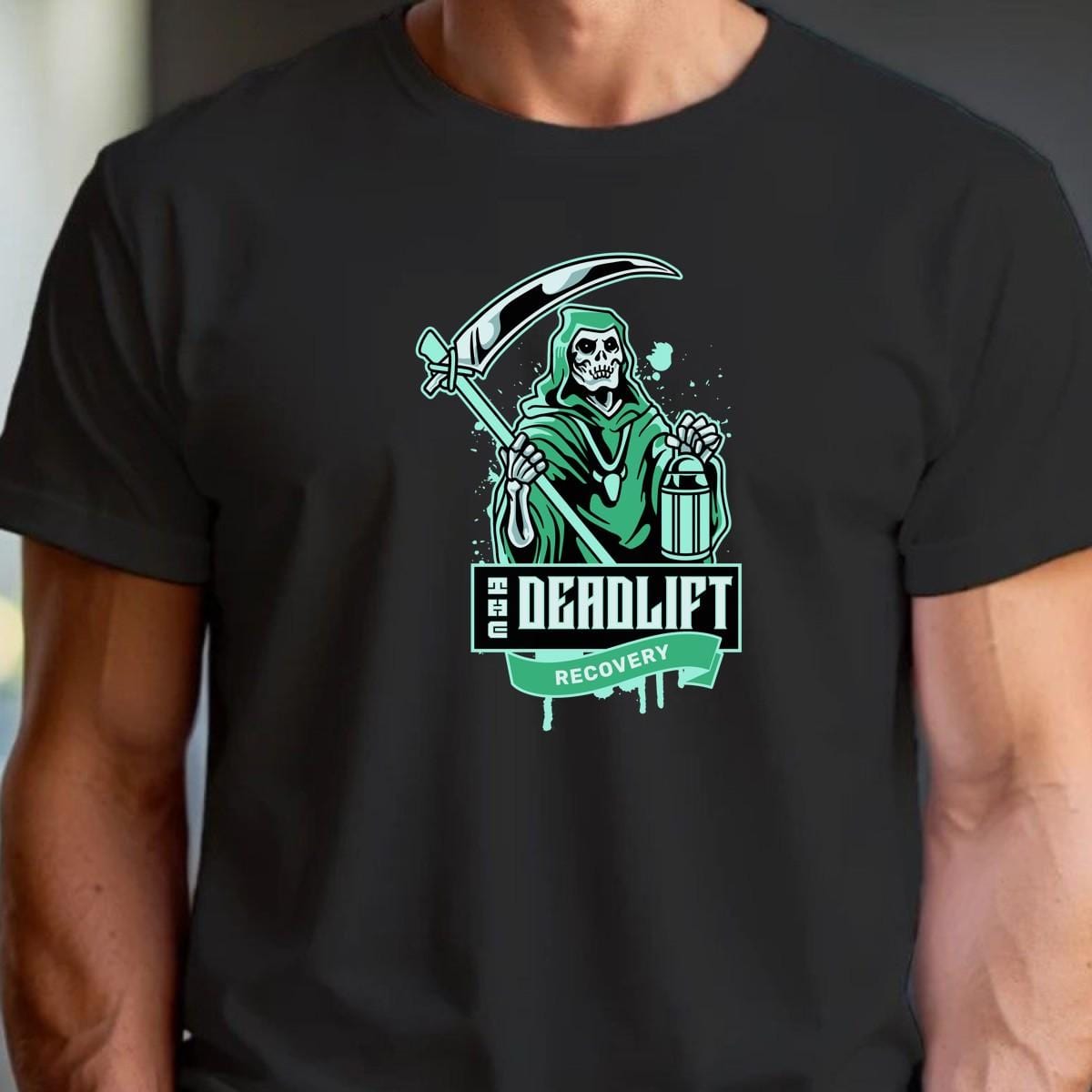 "Graphic gym t-shirt featuring bold 'Deadlift Recovery' design, perfect for fitness enthusiasts showcasing humor and strength."