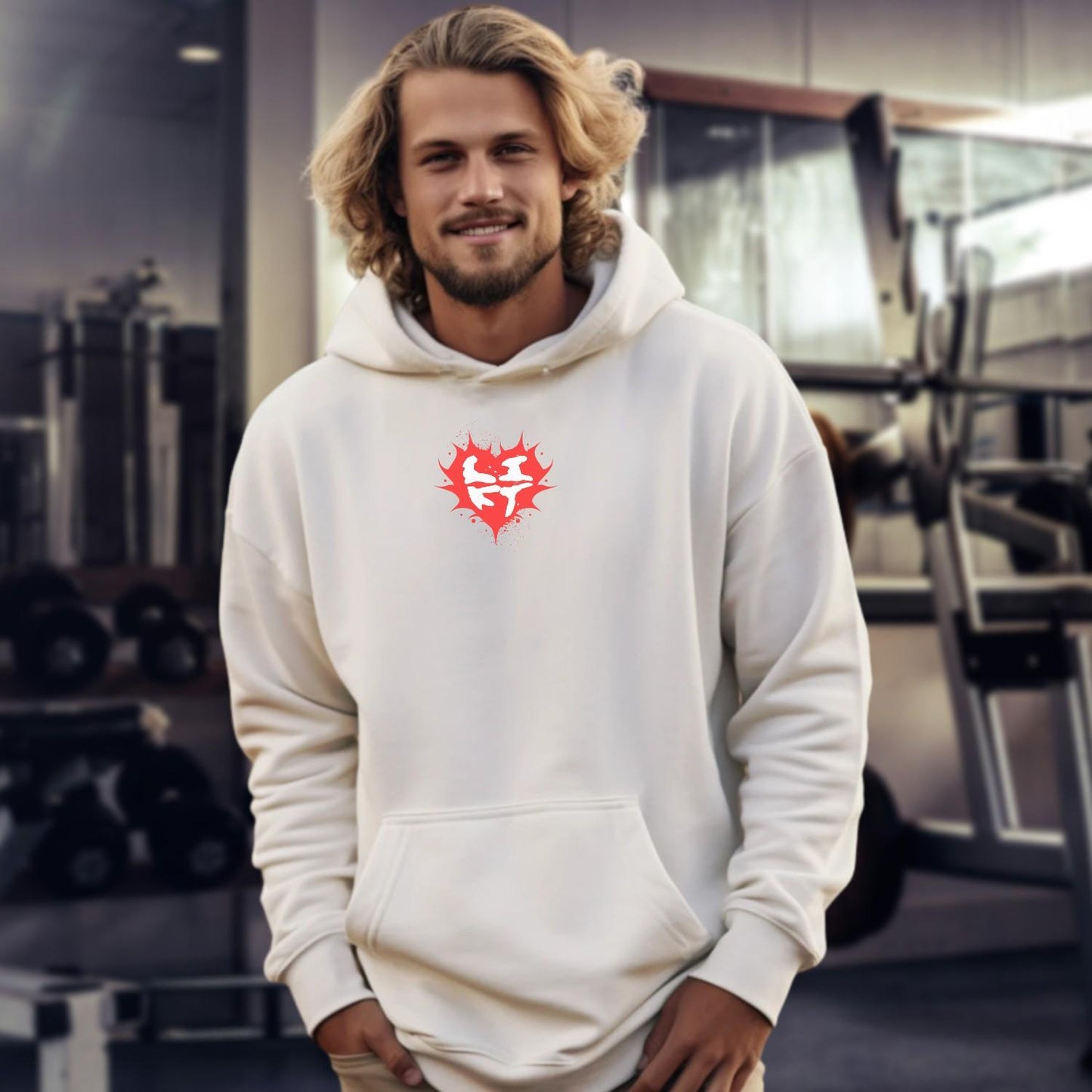 "Bold gym hoodie featuring a vibrant heart graphic and motivational design, perfect for fitness enthusiasts. Relaxed fit for comfort."