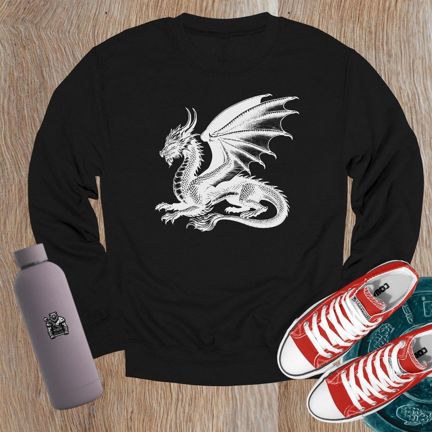 "Fierce dragon graphic on a bold crewneck sweatshirt, perfect for workouts and casual wear. Elevate your gym style with comfort."