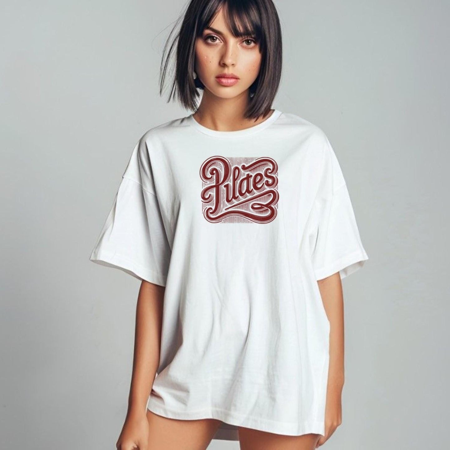 Alt text: "Stylish Pilates T-shirt featuring a bold, intricate graphic embodying wellness and discipline, perfect for fitness enthusiasts."