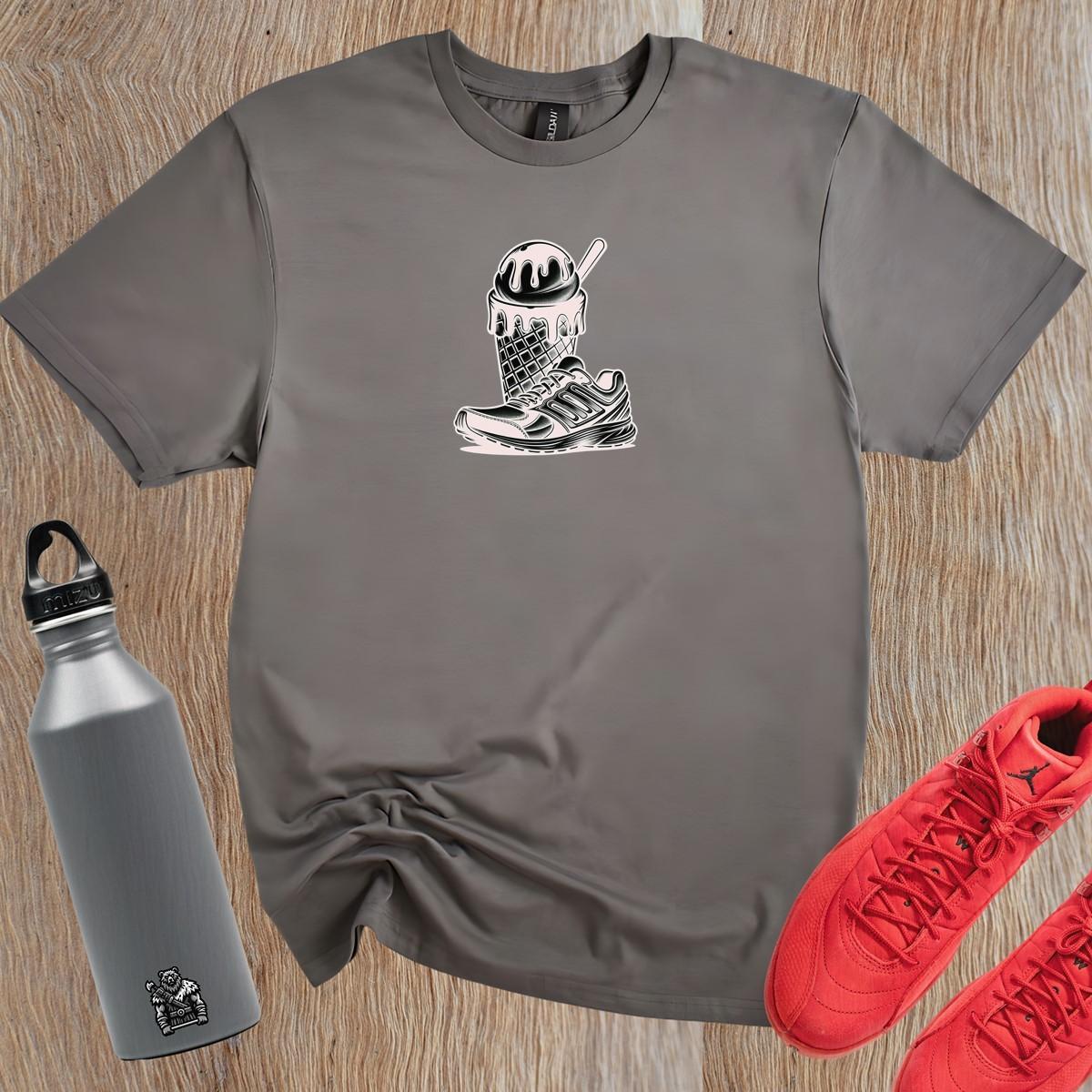 Alt text: "Unique gym T-shirt design featuring a stylish running shoe and a vibrant ice cream cone, blending fitness and fun in one graphic."