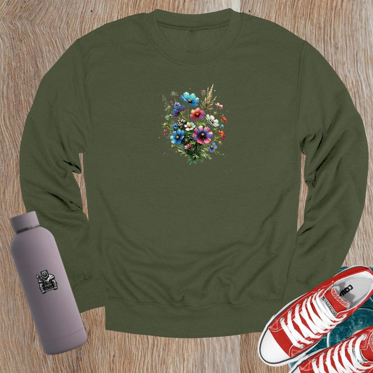 "Vibrant crewneck sweatshirt with a stunning floral design, perfect for workouts. Cozy and stylish for gym or casual wear."