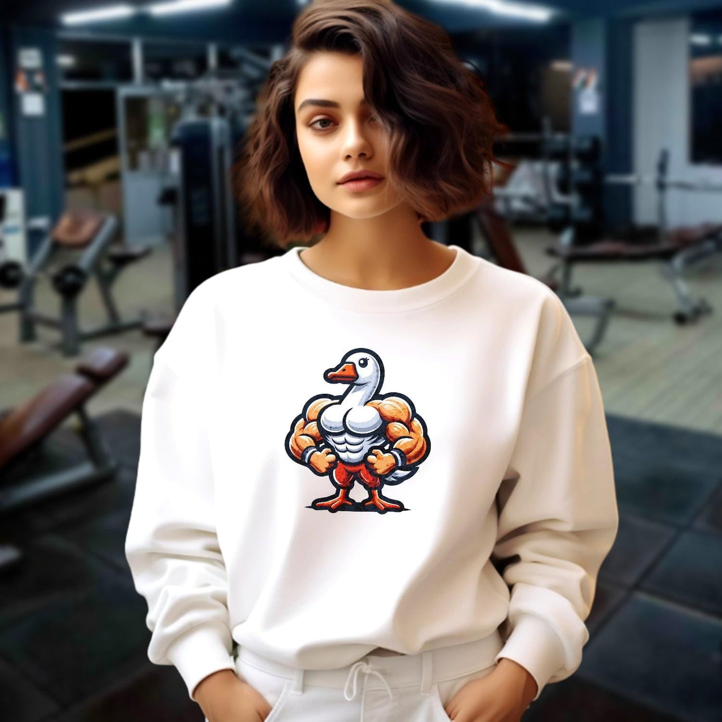 Alt text: "Bold graphic sweatshirt featuring a muscular goose, combining humor and motivation for fitness. Perfect for gym or casual wear."