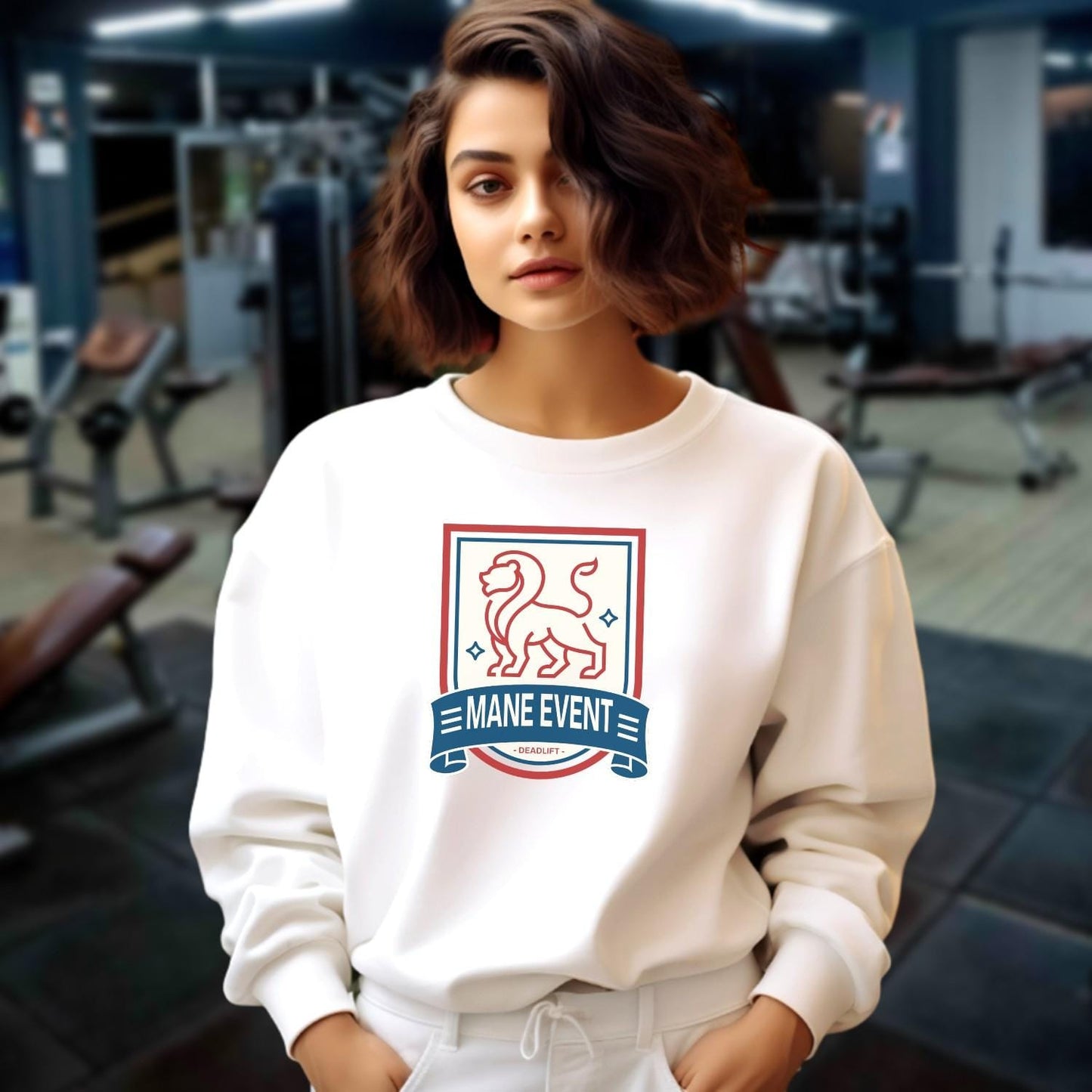 Alt text: "Bold lion emblem on a stylish gray crewneck sweatshirt for gym enthusiasts, perfect for workouts and casual lounging."