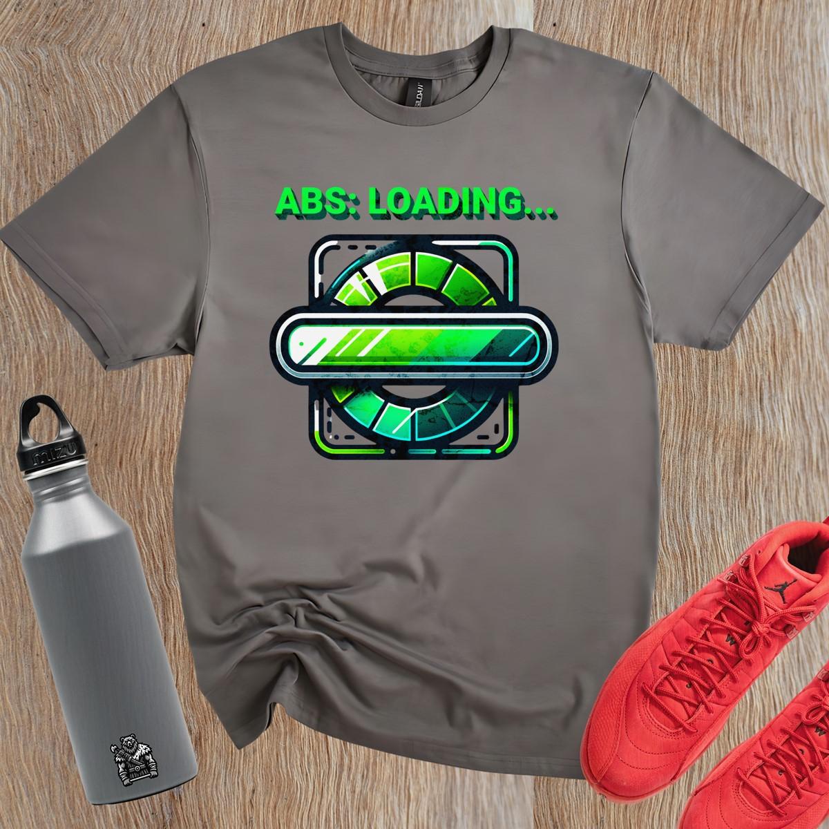 "Vibrant gym T-shirt featuring 'ABS: LOADING...' design, perfect for athletes and fitness enthusiasts, showcasing style and motivation."