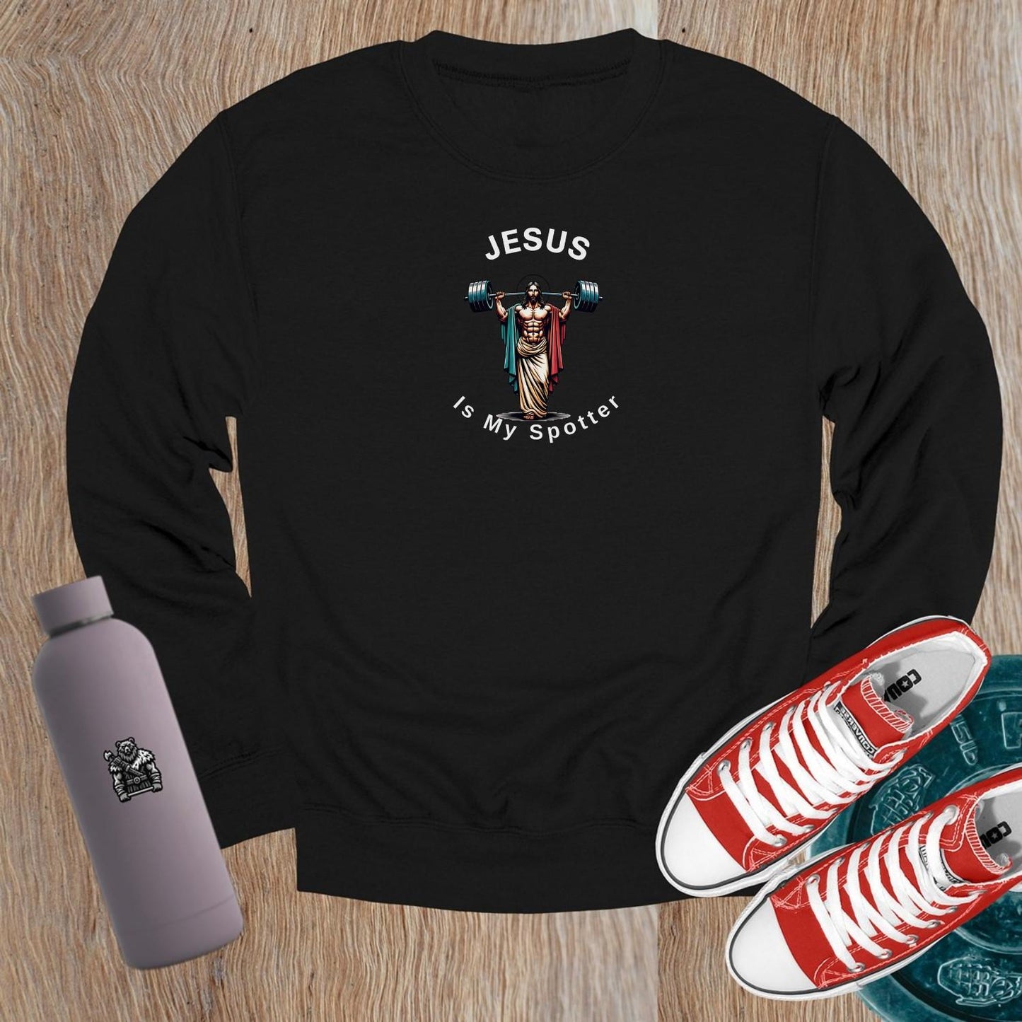 Alt text: "Bold crewneck sweatshirt with 'Jesus is My Spotter' statement, perfect for gym enthusiasts. Stylish and comfortable for workouts."