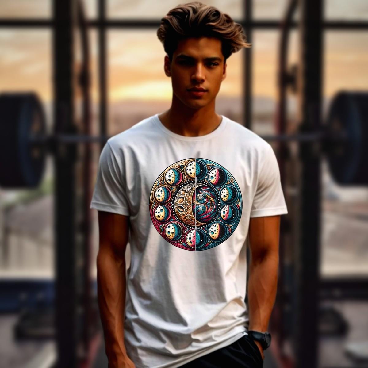 Alt text: "Cosmic Moon Phases T-Shirt design featuring vibrant celestial artwork, perfect for gym workouts and casual outings, inspiring fitness passion."