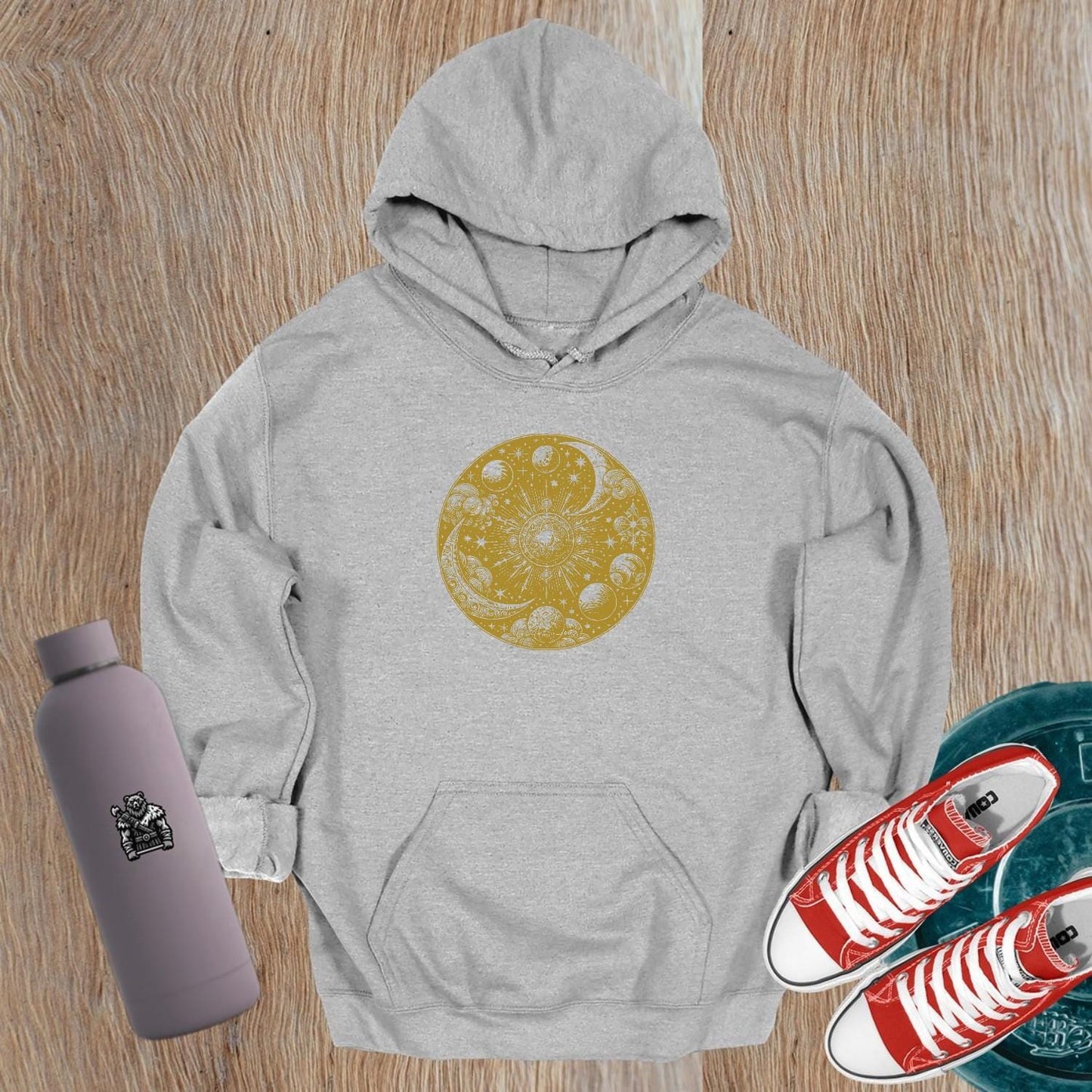 "Celestial-themed gym hoodie featuring a stunning cosmic design, perfect for workouts and stylish training sessions. Relaxed fit."