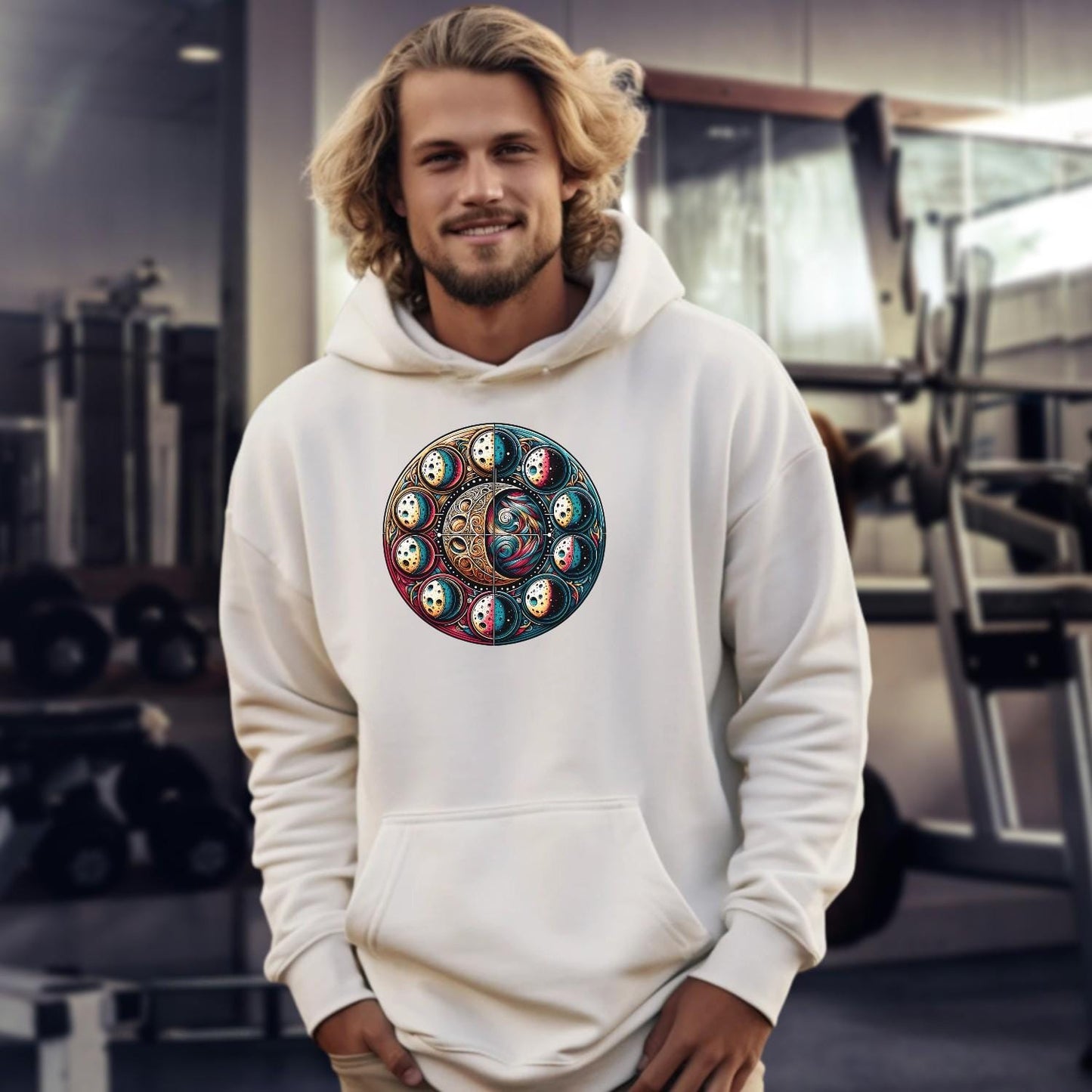 Alt text: "Cosmic Journey Hoodie showcasing a vibrant celestial design in rich colors, perfect for gym wear and stylish casual outings."