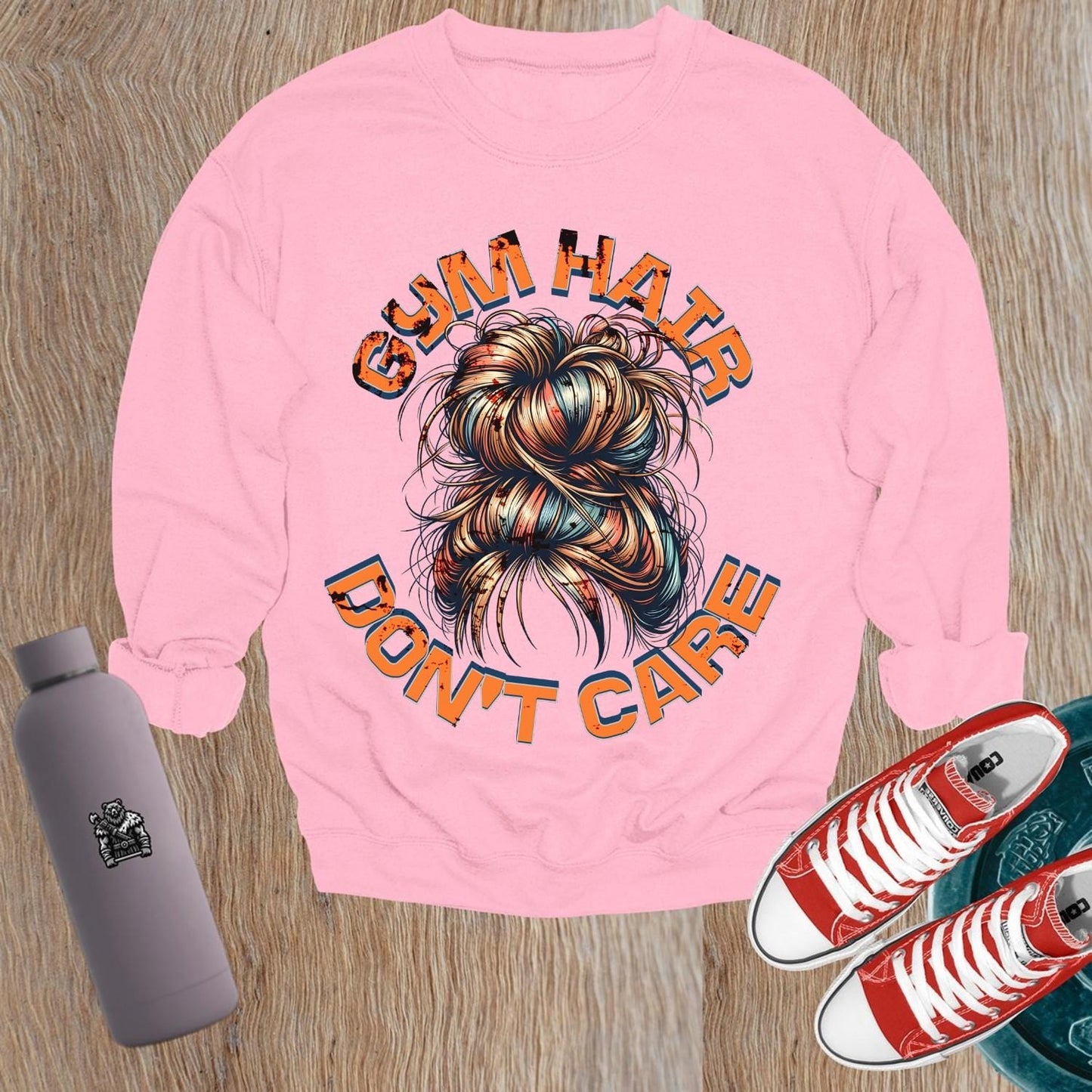 Alt text: "Bold 'Gym Hair Don't Care' sweatshirt design featuring a stylish crewneck, ideal for workouts or casual wear, celebrating gym culture."