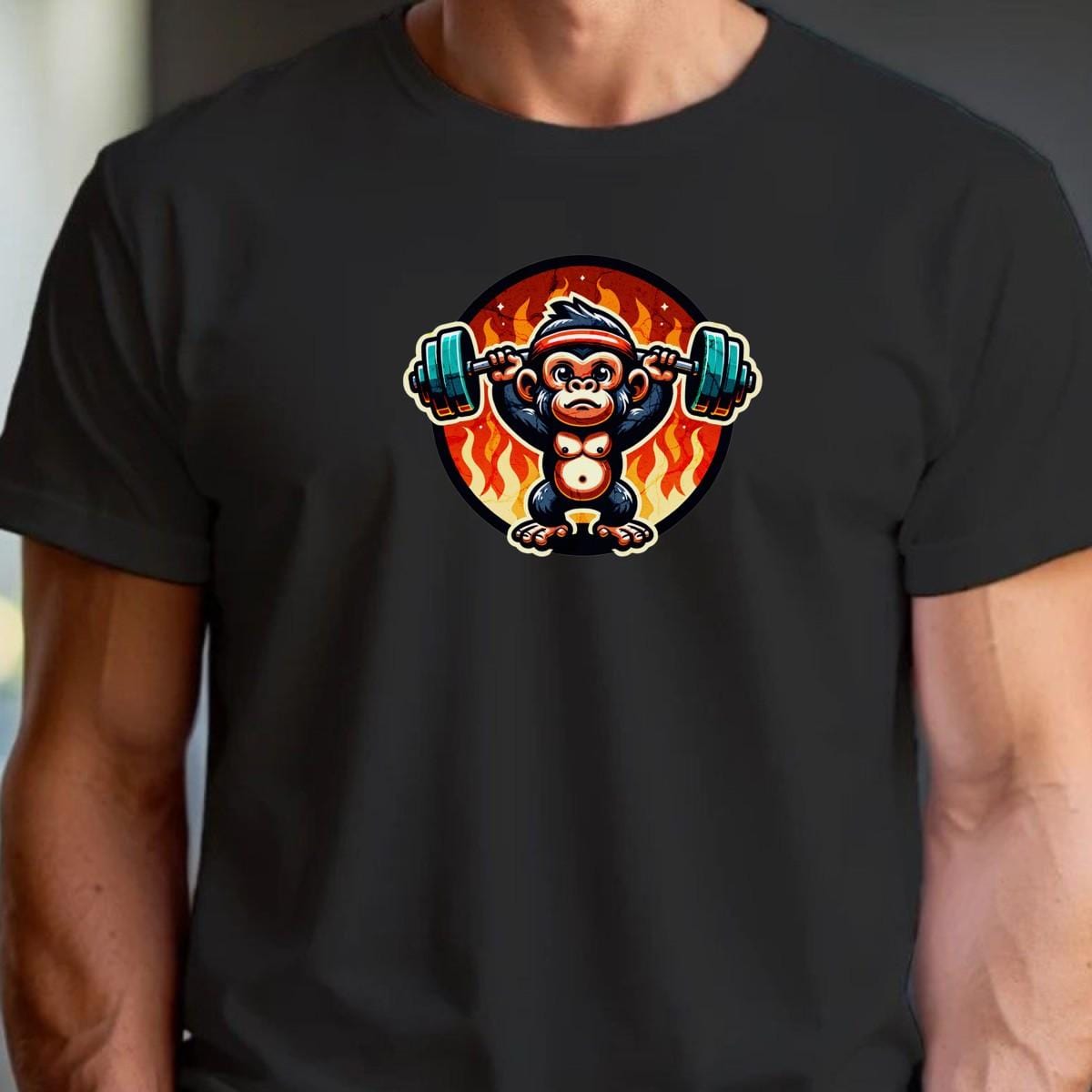 "Vibrant gym T-shirt featuring a weightlifting monkey, symbolizing strength and motivation for fitness enthusiasts. Perfect workout gear!"