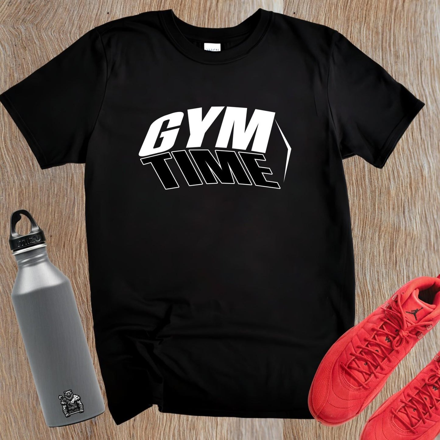 "Bold 'GYM TIME' graphic T-shirt for athletes, showcasing a motivational design ideal for workouts, casual wear, or lounging."