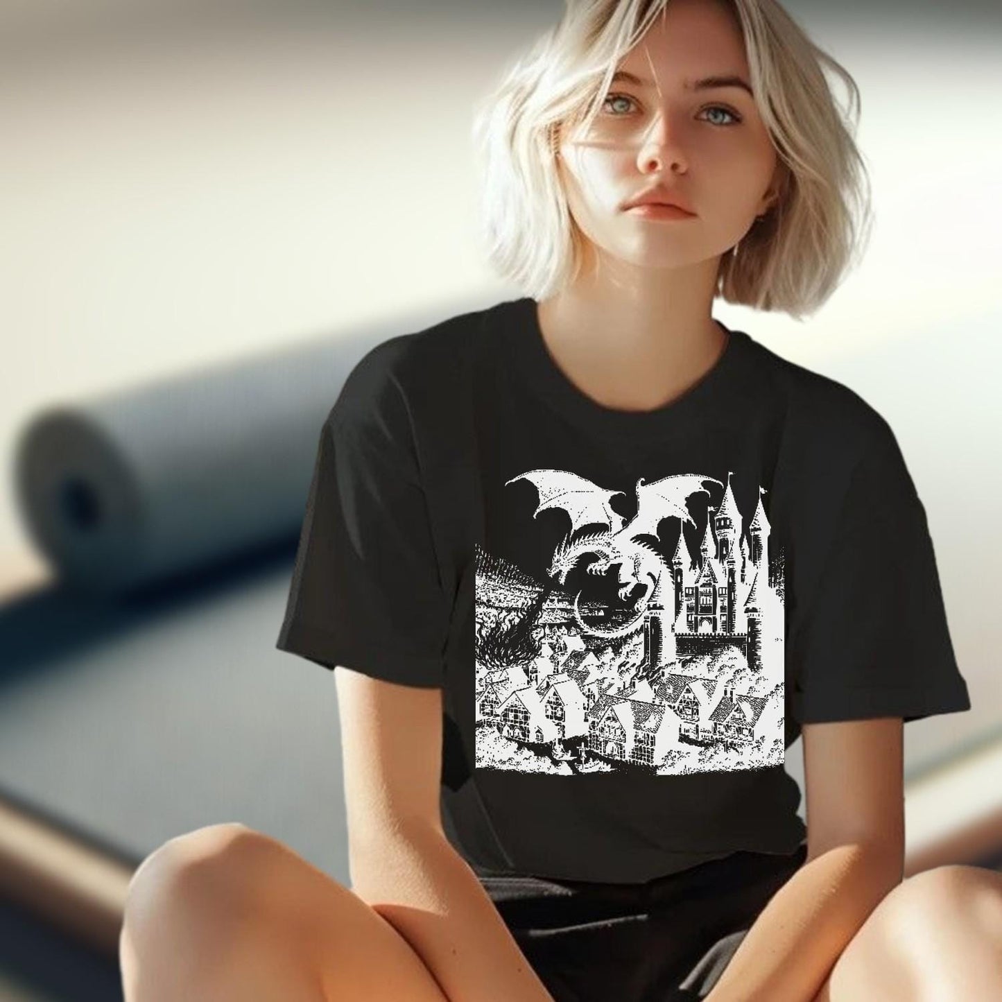 "Fierce dragon soaring over a mystical castle on a bold gym T-shirt, inspiring strength and confidence for workouts and casual outings."