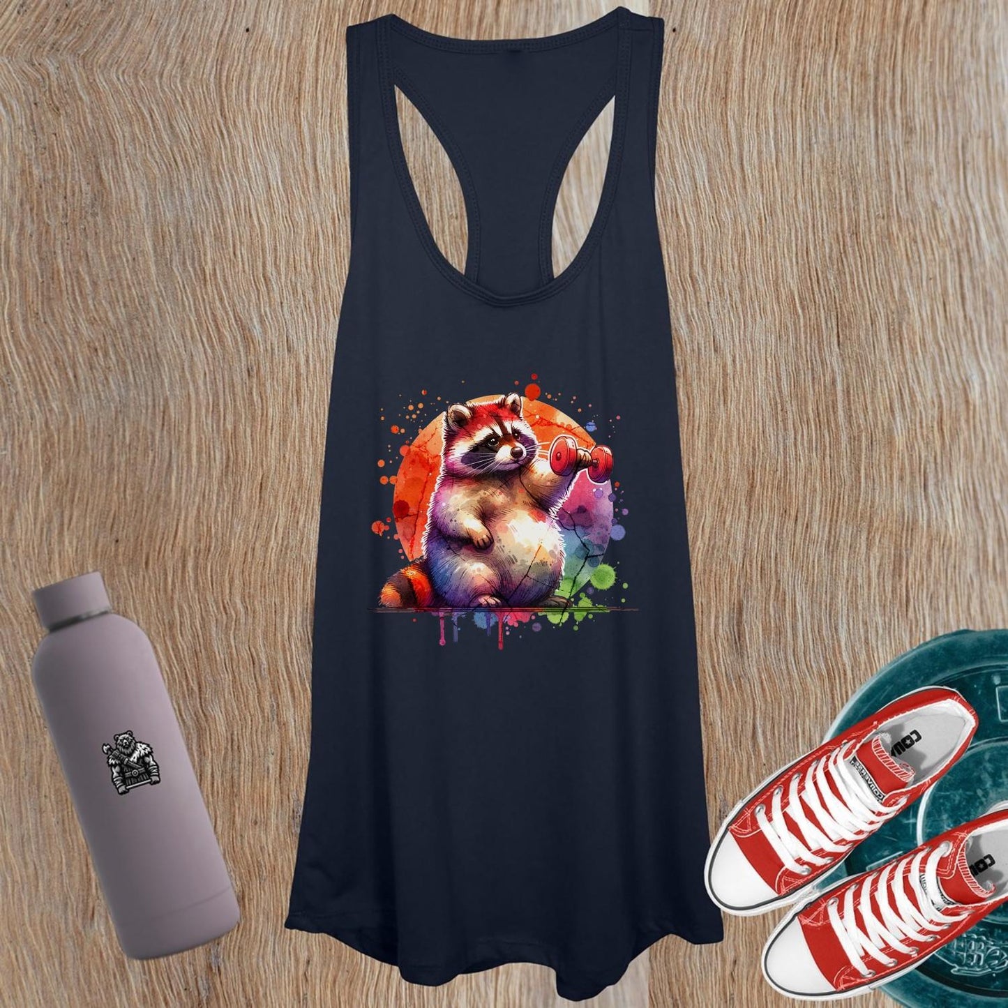 "Vibrant women's tank top featuring a playful raccoon lifting a dumbbell, perfect for gym workouts, yoga, and active wear style."