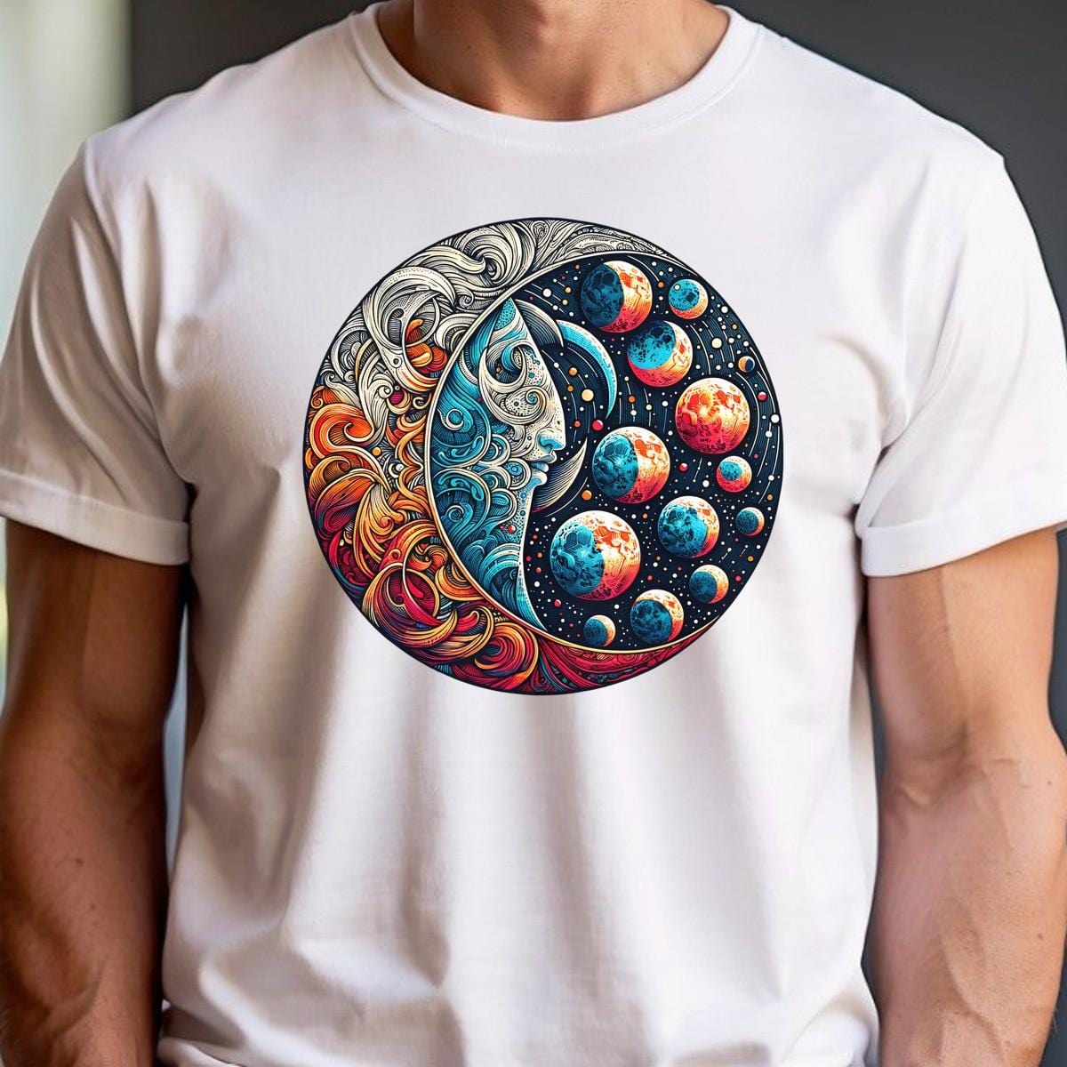"Vibrant Cosmic Flow T-Shirt featuring an intricate graphic of strength and serenity, perfect for workouts and casual outings."