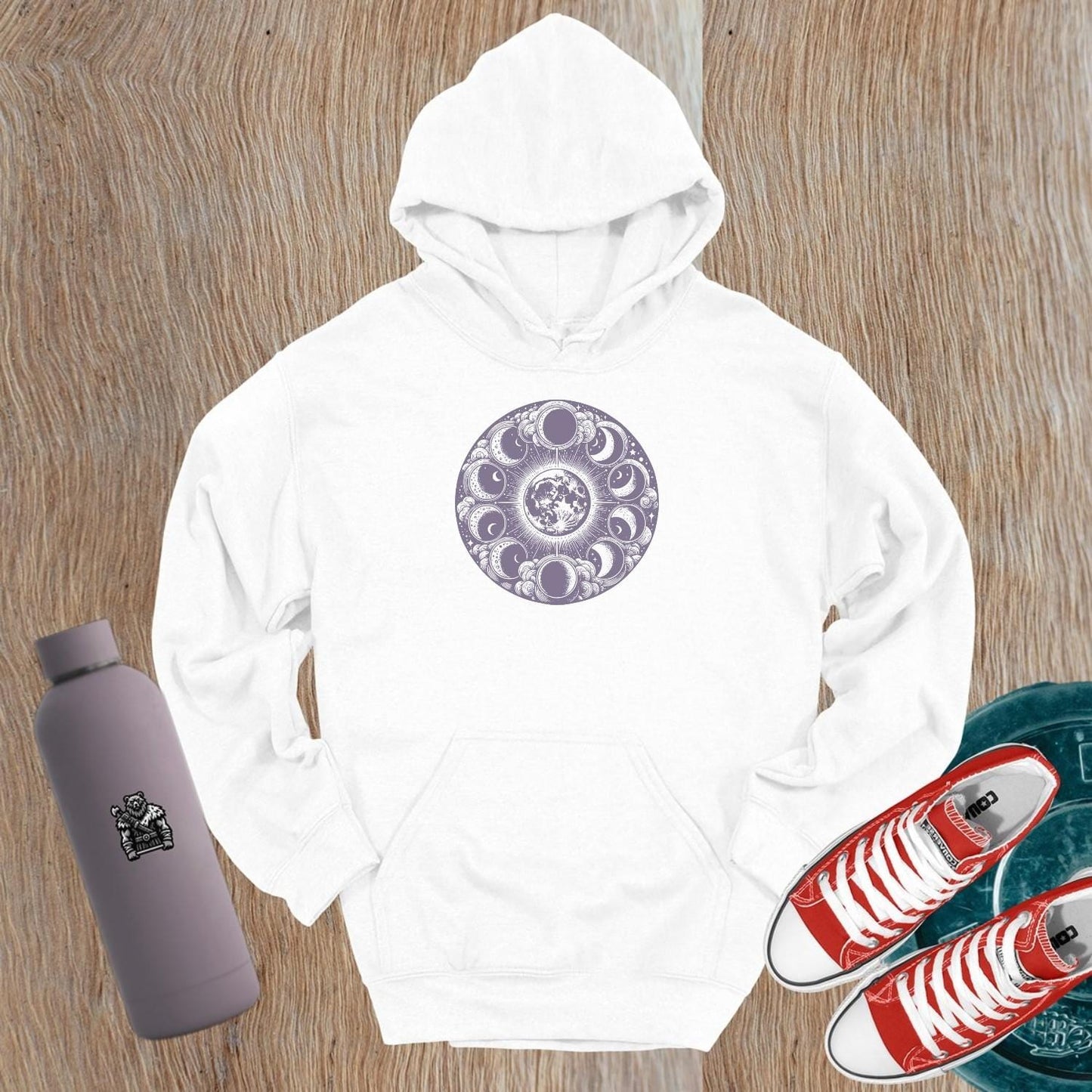 Celestial-themed gym hoodie featuring a striking moon and earth graphic, perfect for bold fitness enthusiasts embracing cosmic energy.