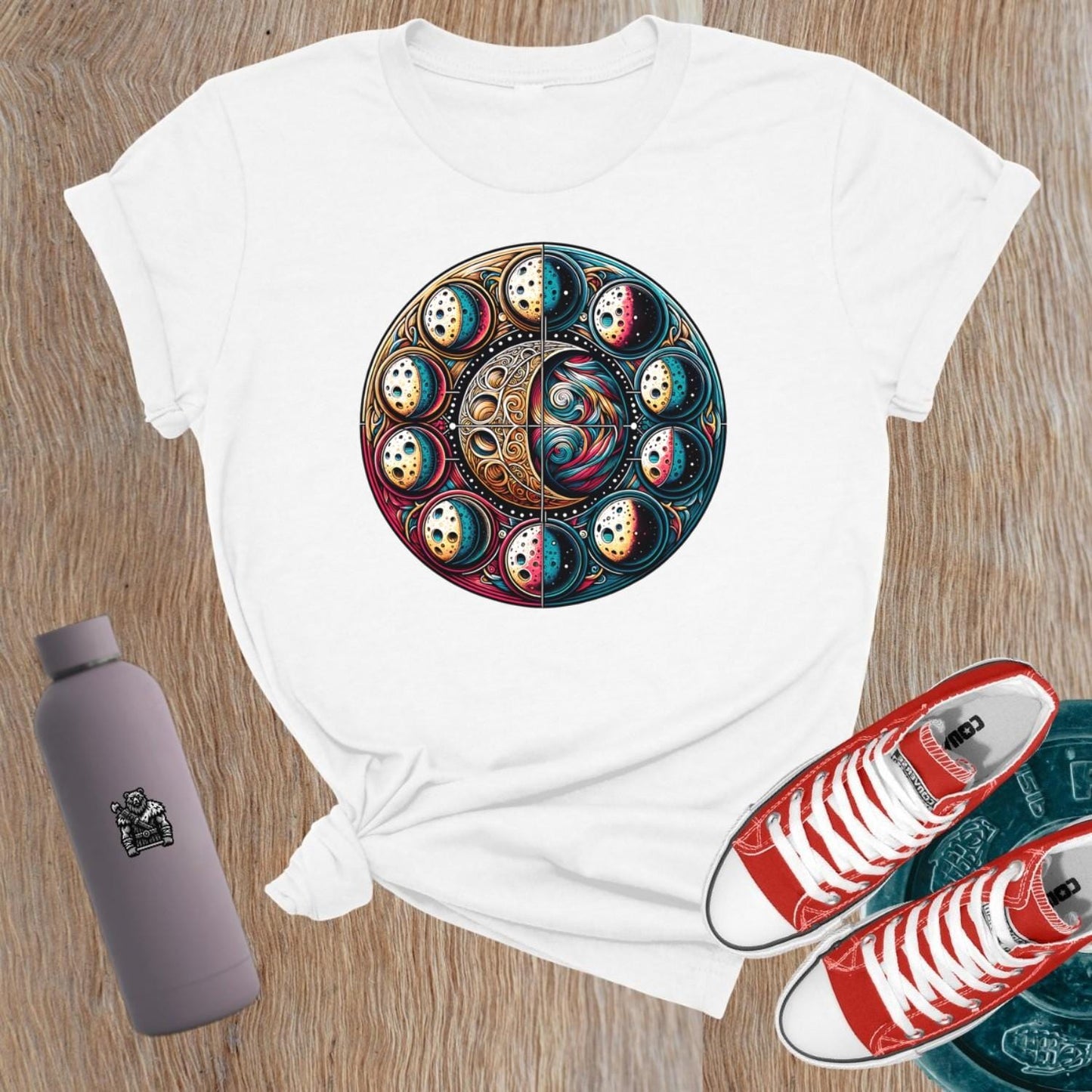 "Women's celestial-themed gym t-shirt featuring a vibrant cosmic print, designed to inspire strength and boost confidence during workouts."