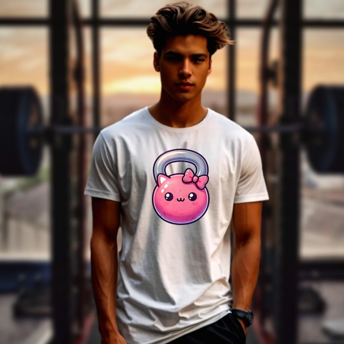 Alt text: "Kawaii Kettlebell T-shirt featuring a cute pink kettlebell with a bow, perfect for gym workouts and stylish casual wear."