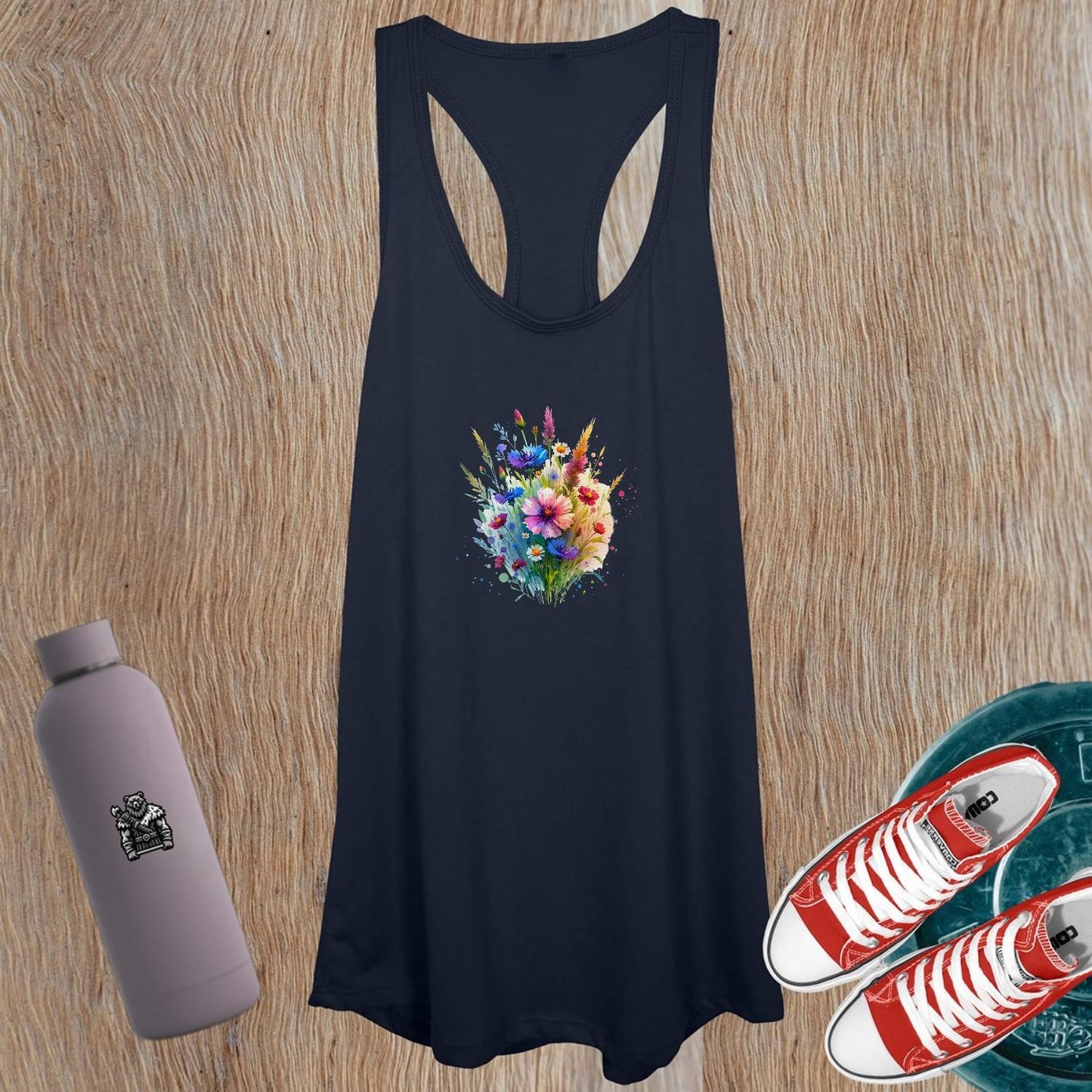 "Vibrant women's floral tank top for workouts, showcasing a chic design. Perfect for fitness enthusiasts, stylish comfort for gym or errands."