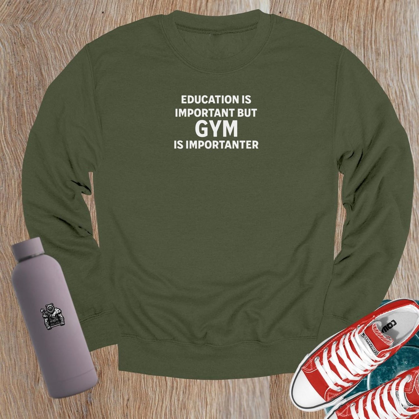 "Bold gym crewneck sweatshirt showcasing fitness dedication, featuring a relaxed fit for comfort. Ideal for workouts and casual wear."