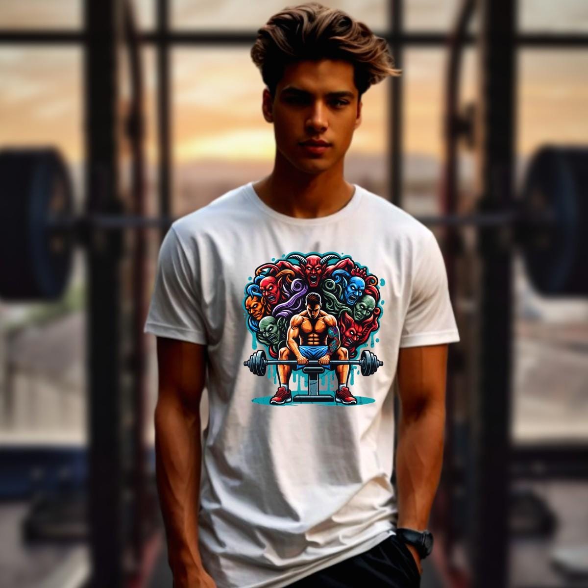 "Graphic gym t-shirt showcasing a fierce design symbolizing strength and determination, inspiring workouts and fitness dedication."