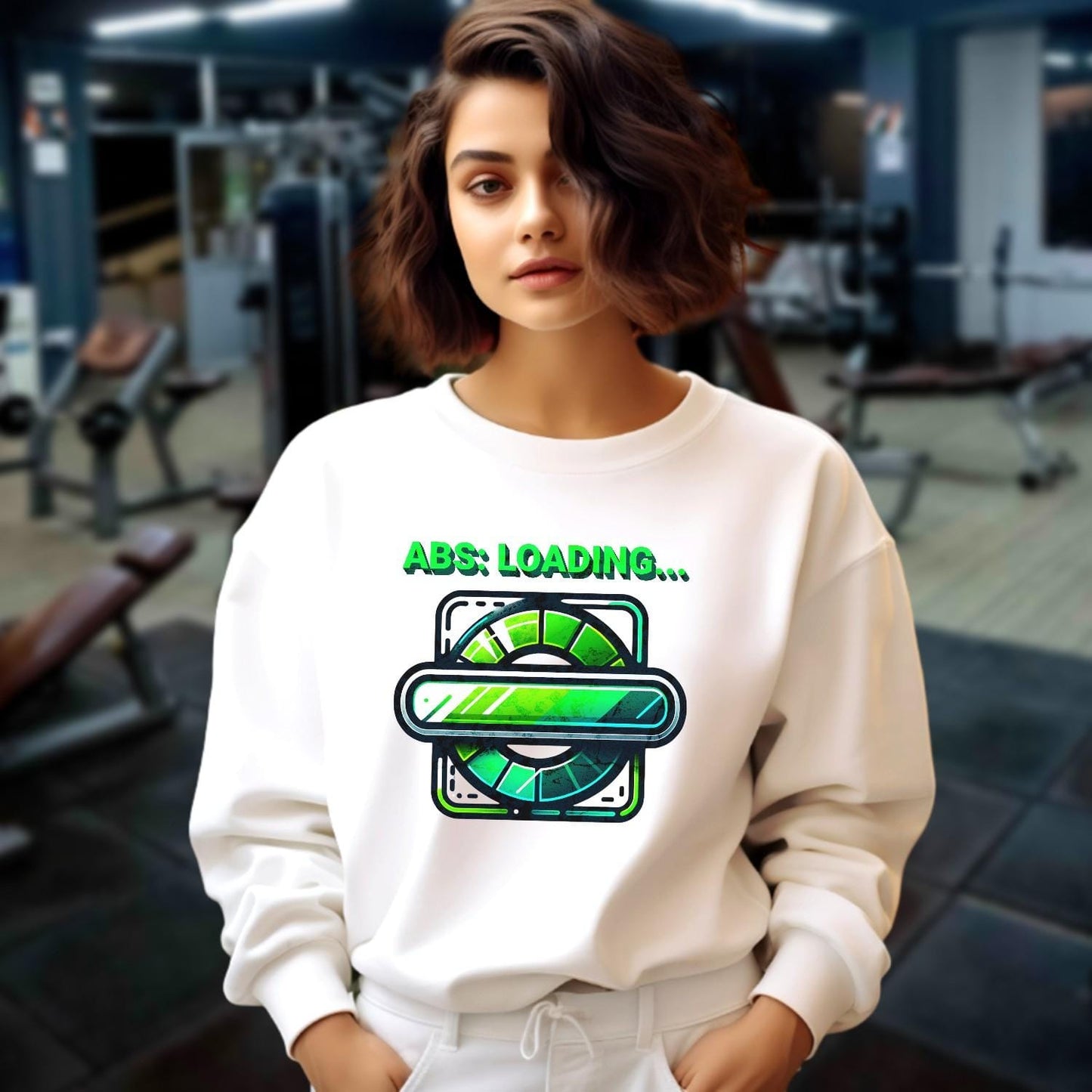 "Lightweight gray crewneck sweatshirt featuring 'ABS: LOADING...' graphic. Perfect for gym workouts and casual wear, showcasing fitness focus."