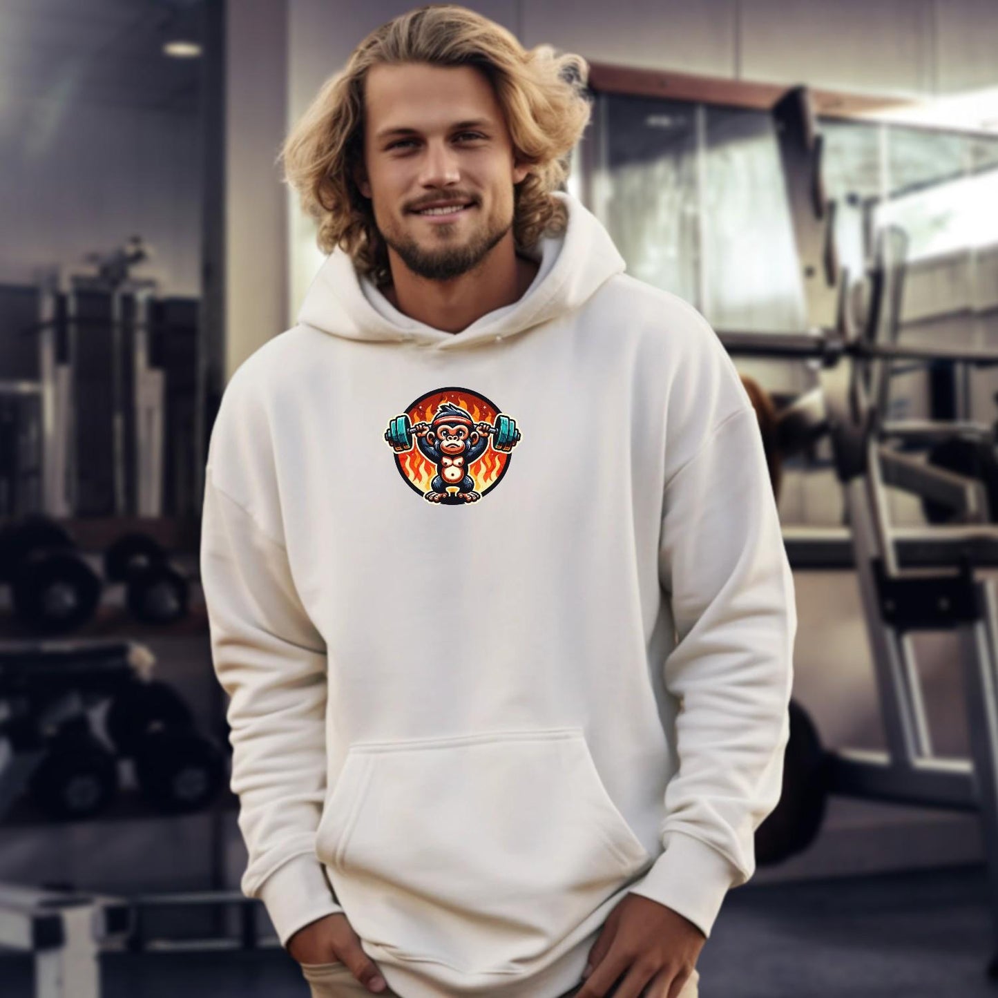 Alt text: "Vibrant gym hoodie featuring a fierce lifting monkey design, ideal for workouts and casual wear, embodying motivation and fitness."