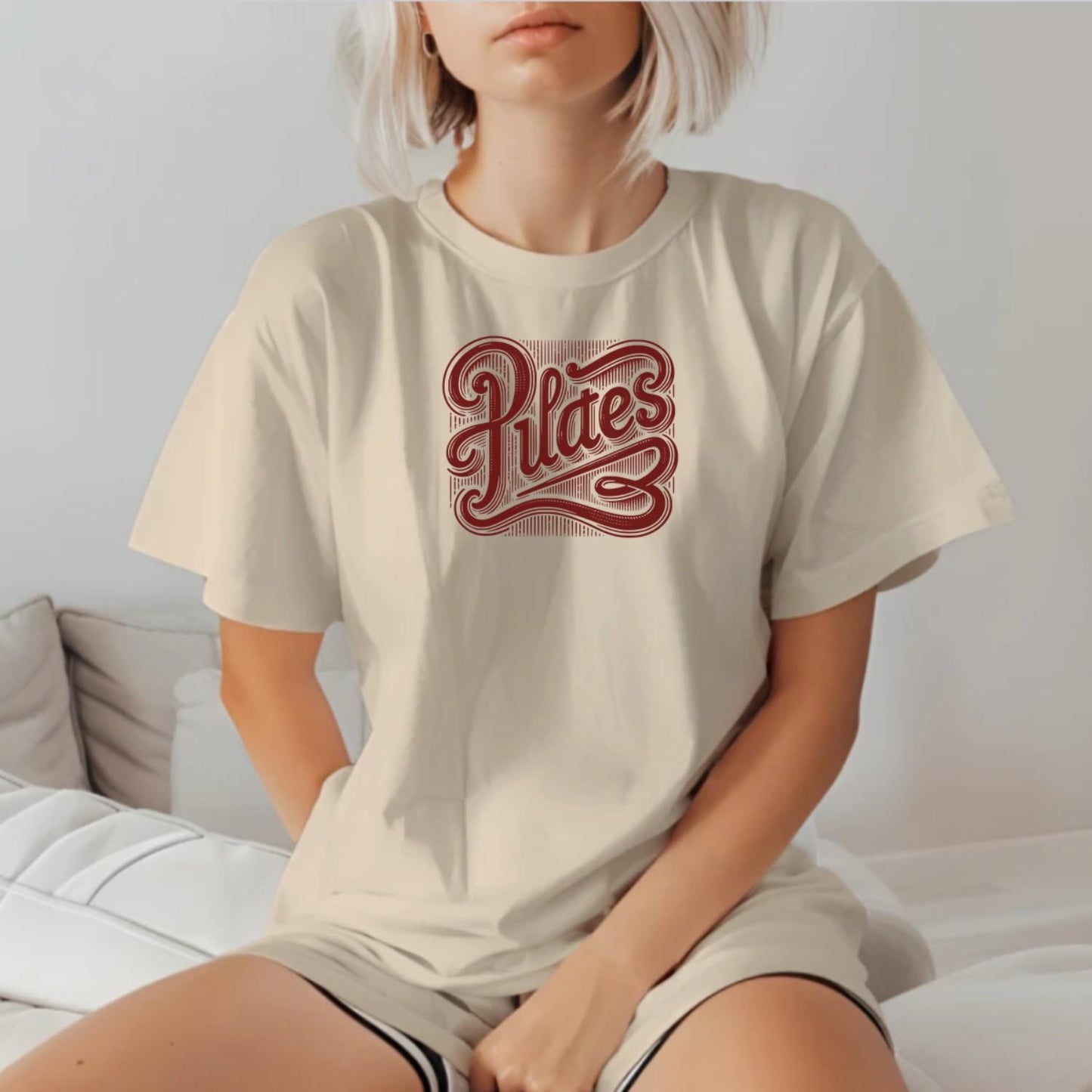 Alt text: "Stylish Pilates T-shirt featuring a bold, intricate graphic embodying wellness and discipline, perfect for fitness enthusiasts."