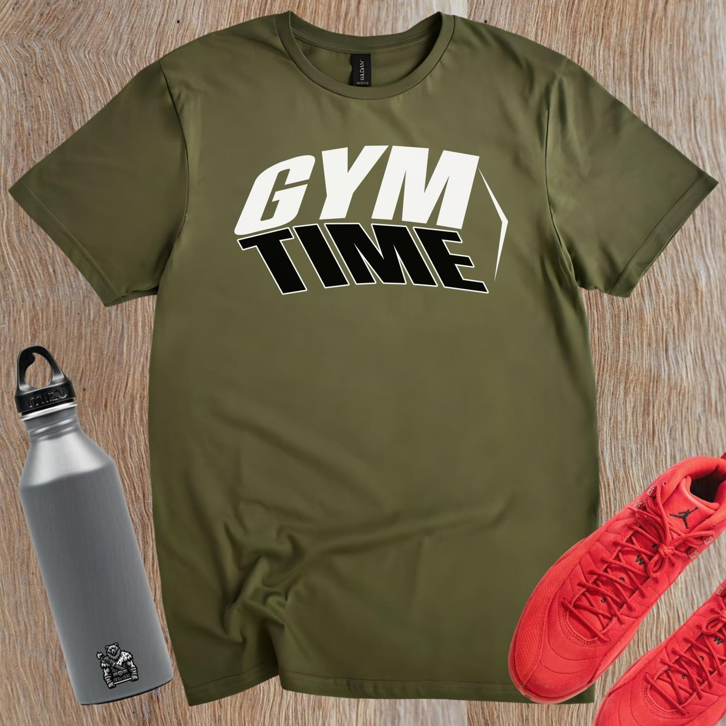 "Bold 'GYM TIME' graphic T-shirt for athletes, showcasing a motivational design ideal for workouts, casual wear, or lounging."