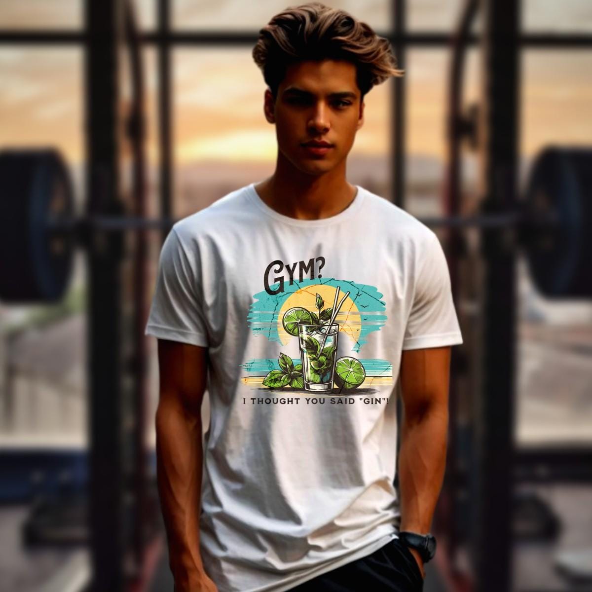 Alt text: "Fun graphic T-shirt featuring the humorous phrase 'GYM? I Thought You Said 'GIN'!' Perfect for fitness lovers and gym enthusiasts."