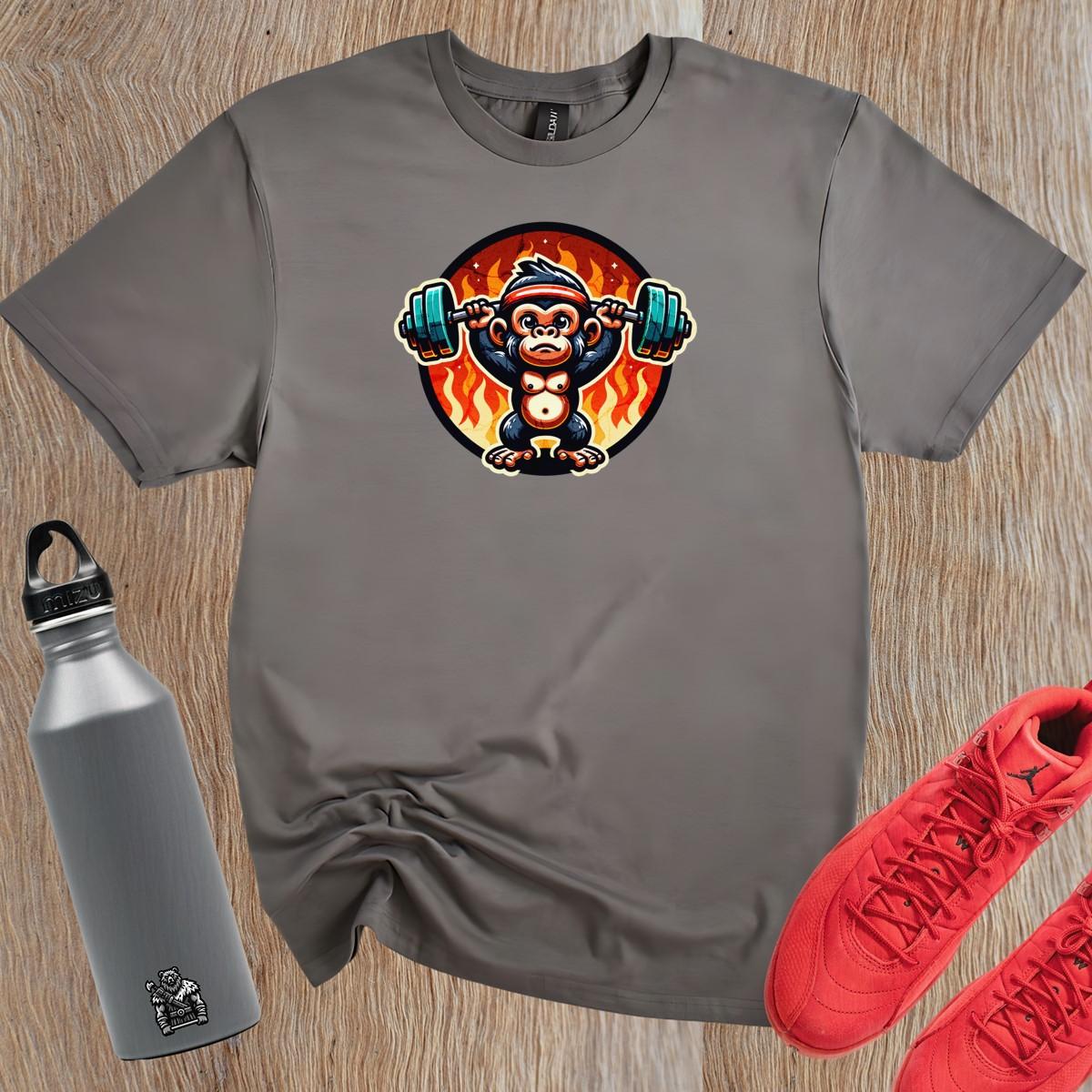 "Vibrant gym T-shirt featuring a weightlifting monkey, symbolizing strength and motivation for fitness enthusiasts. Perfect workout gear!"