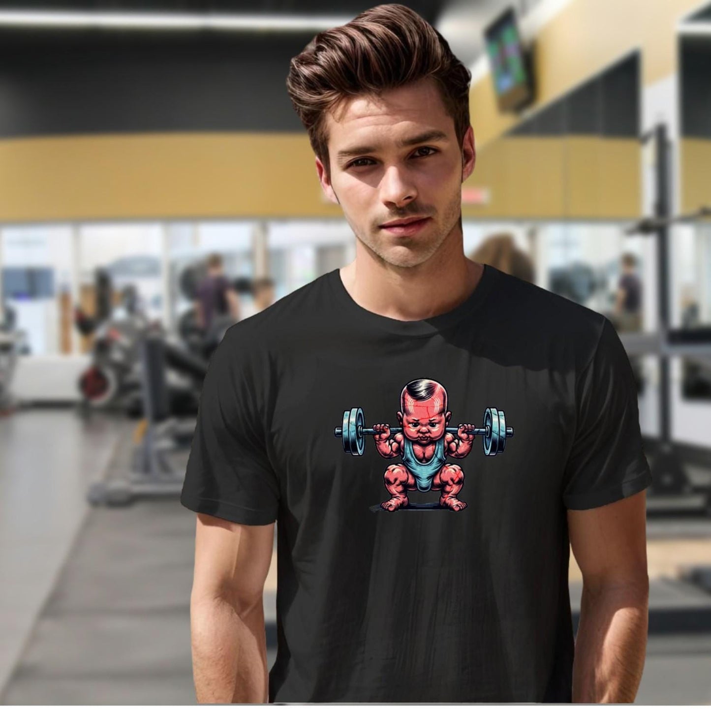 "Fun gym T-shirt featuring a charming baby lifting weights, combining humor and strength for fitness enthusiasts. Perfect for workouts!"