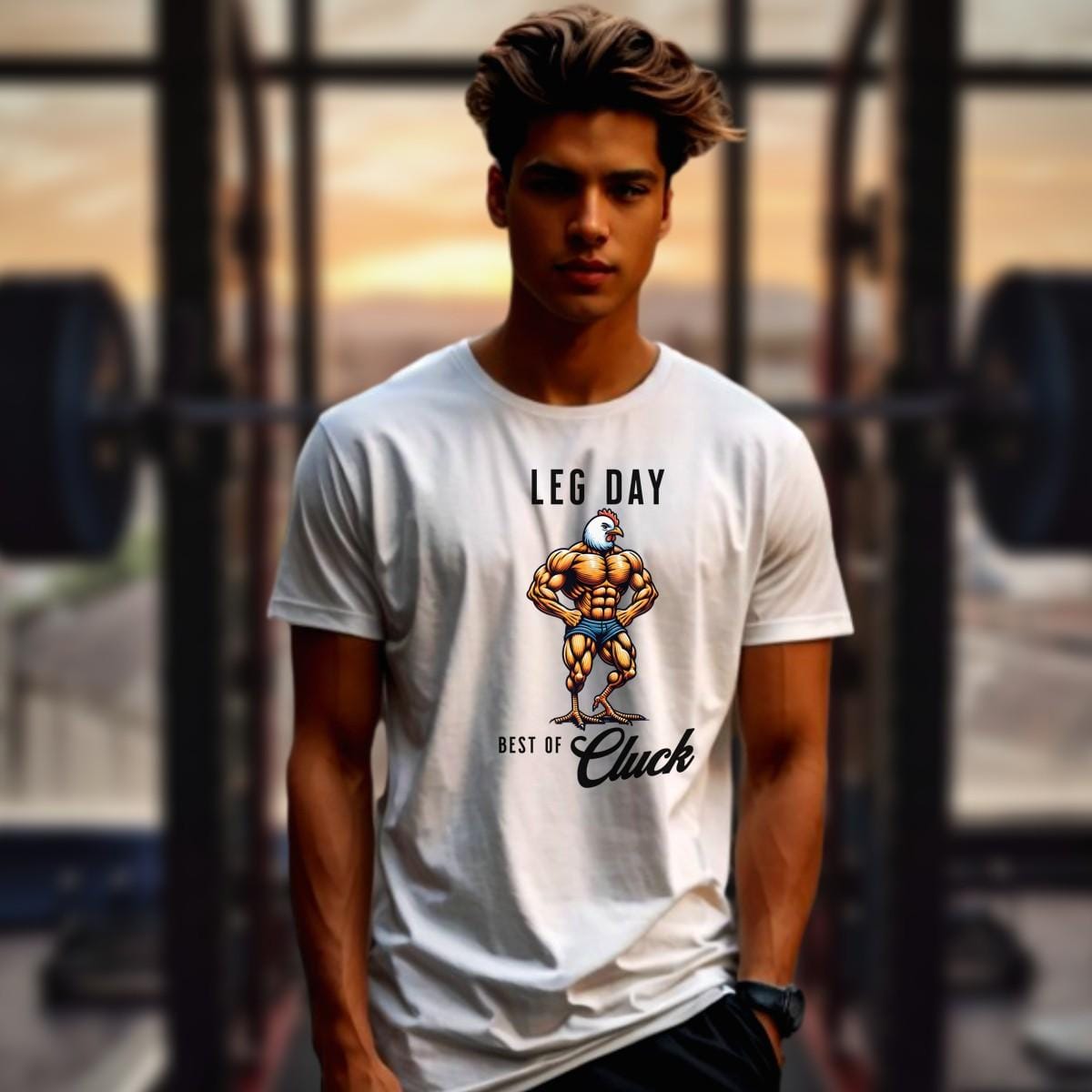 "Bold gym T-shirt featuring a unique muscular chicken design, perfect for fitness enthusiasts. Ideal for workouts, weightlifting, and cardio."