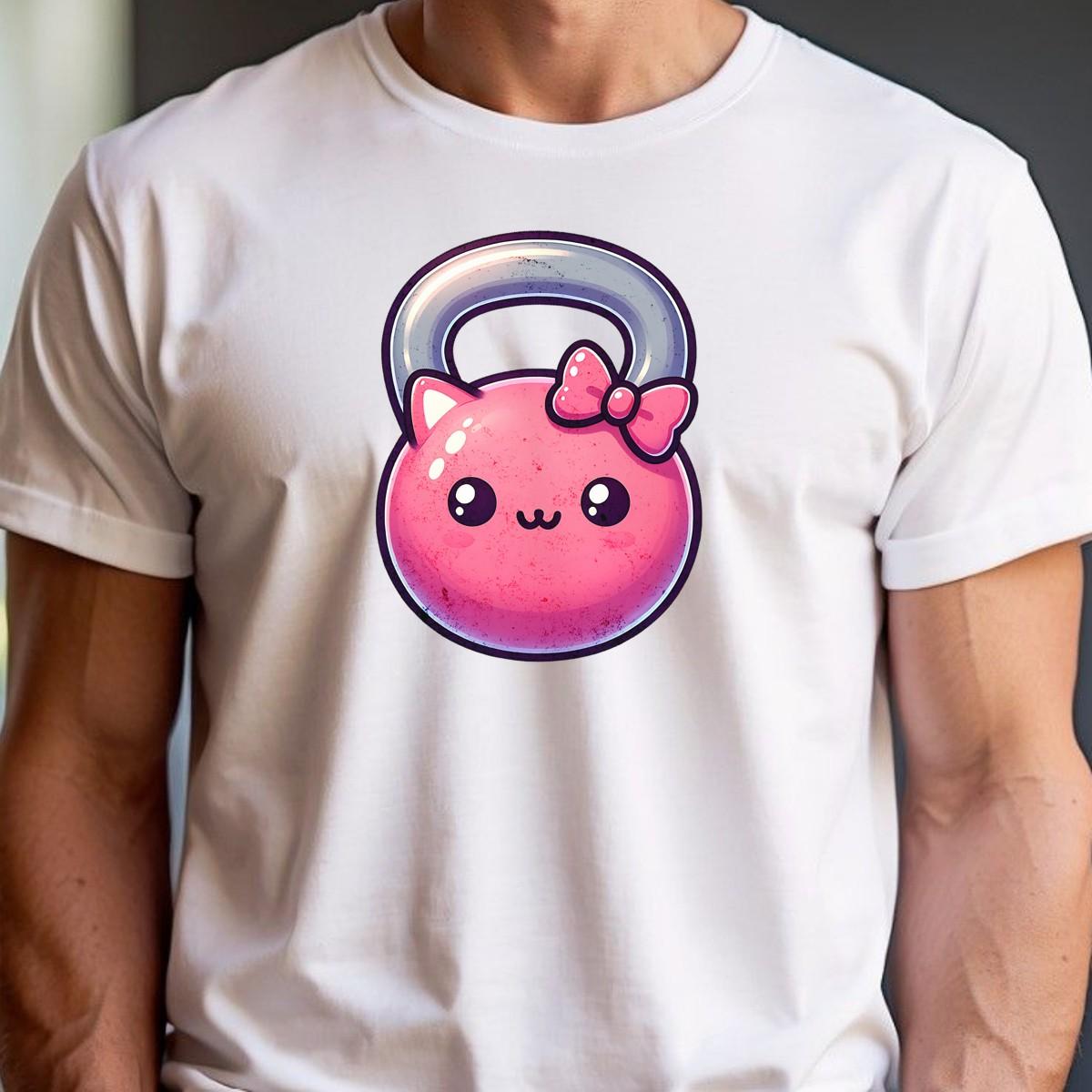 Alt text: "Kawaii Kettlebell T-shirt featuring a cute pink kettlebell with a bow, perfect for gym workouts and stylish casual wear."
