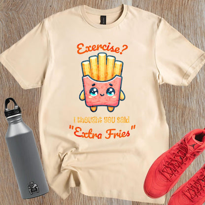 Humorous gym T-shirt featuring "Exercise? I thought you said 'Extra Fries'" graphic, perfect for fitness lovers who enjoy snacks.