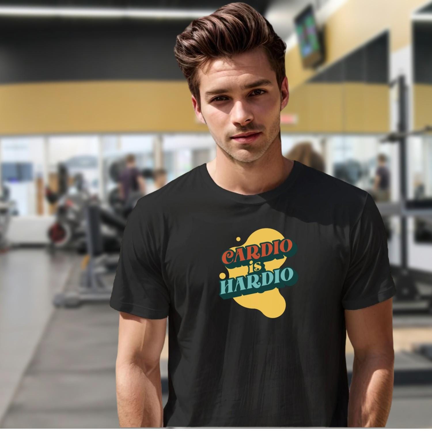 Alt text: "Energetic fitness T-shirt featuring bold 'Cardio is Hardio' slogan, perfect for gym enthusiasts, motivating workouts and casual wear."