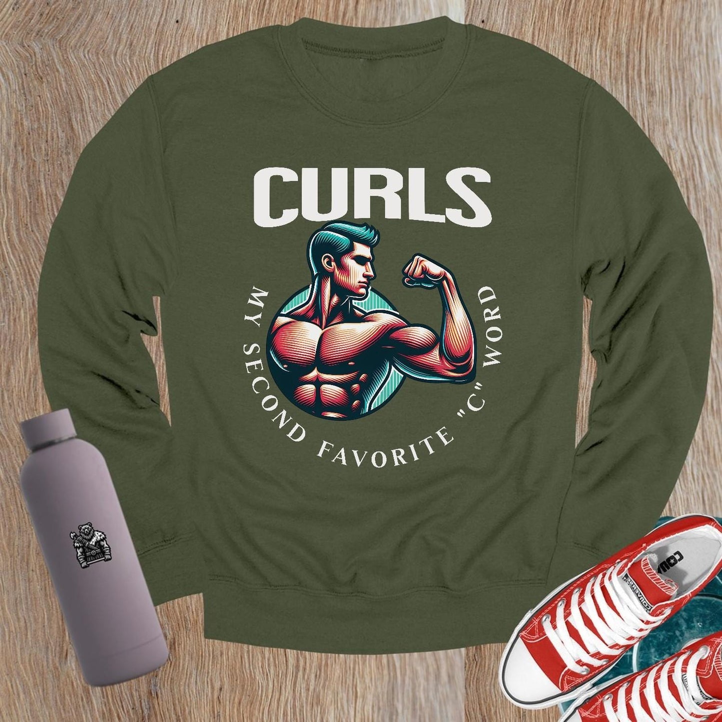 "Bold gym crewneck sweatshirt featuring 'CURLS: My Second Favorite C Word' graphic, celebrating strength and fitness style."