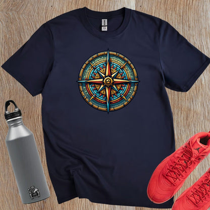 "Vibrant compass-themed gym T-shirt featuring motivational graphic, perfect for fitness enthusiasts seeking adventure and courage."