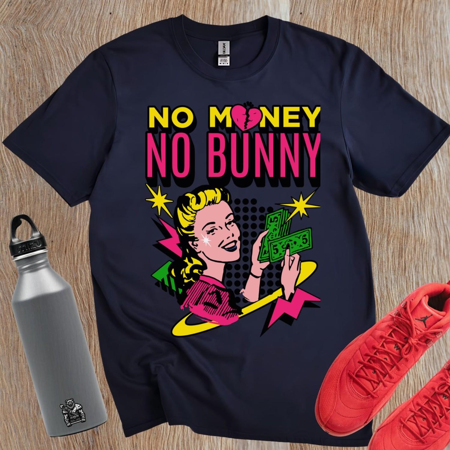 Alt text: "Vibrant gym T-shirt featuring bold 'No Money, No Bunny' design, perfect for workouts and inspiring confidence with unique style."