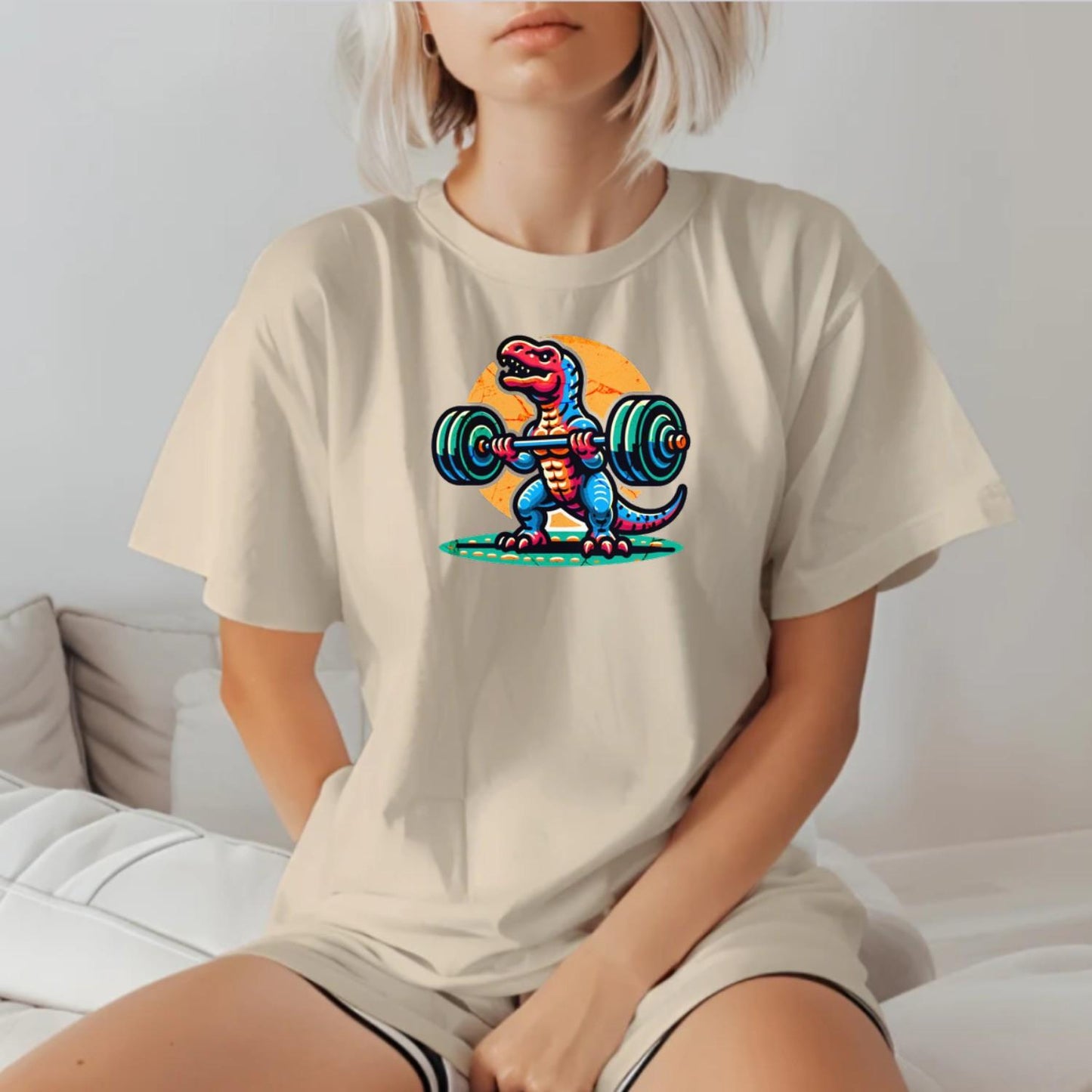 "Fierce dinosaur gym T-shirt featuring a vibrant dinosaur lifting weights, perfect for fitness enthusiasts who want to stand out."