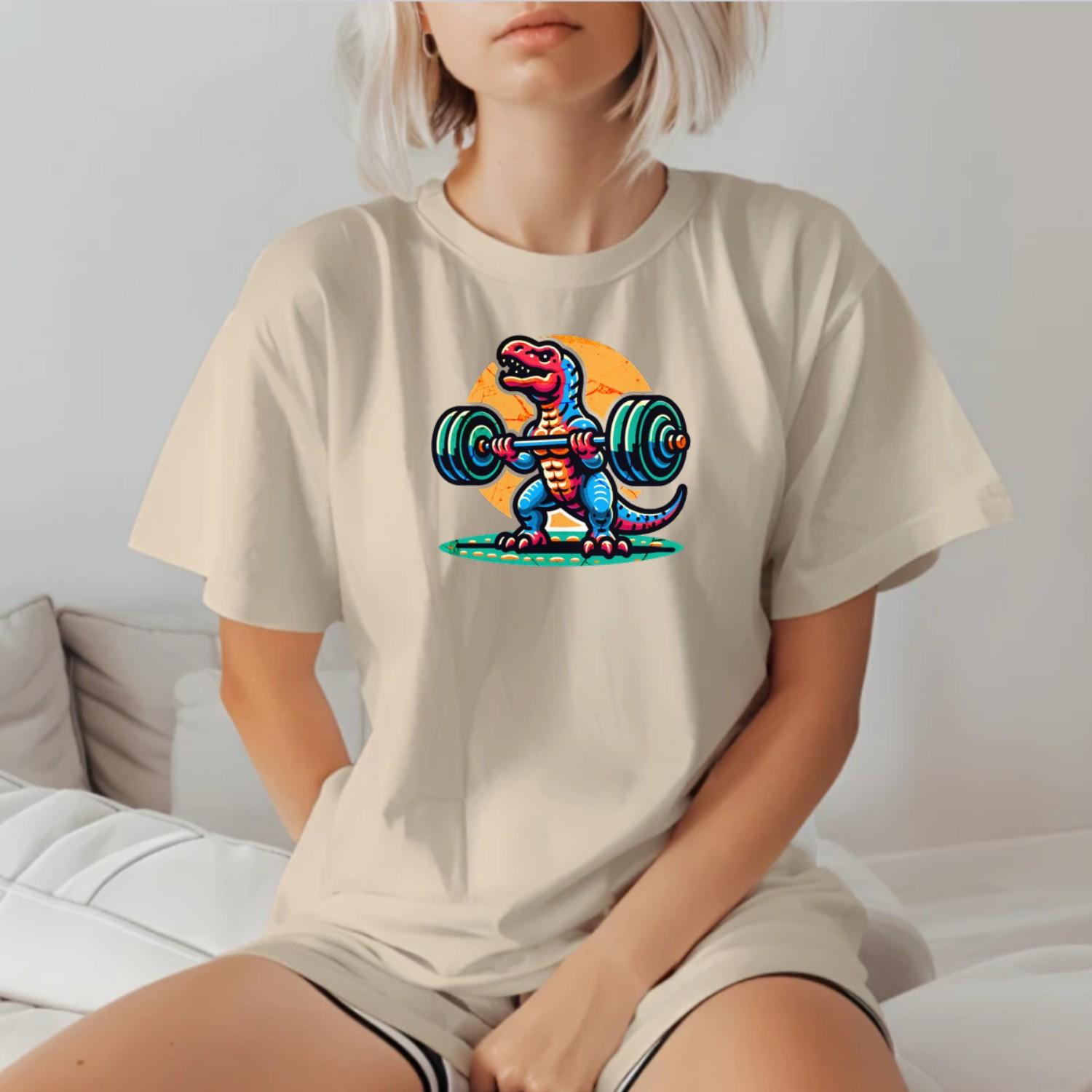 "Fierce dinosaur gym T-shirt featuring a vibrant dinosaur lifting weights, perfect for fitness enthusiasts who want to stand out."