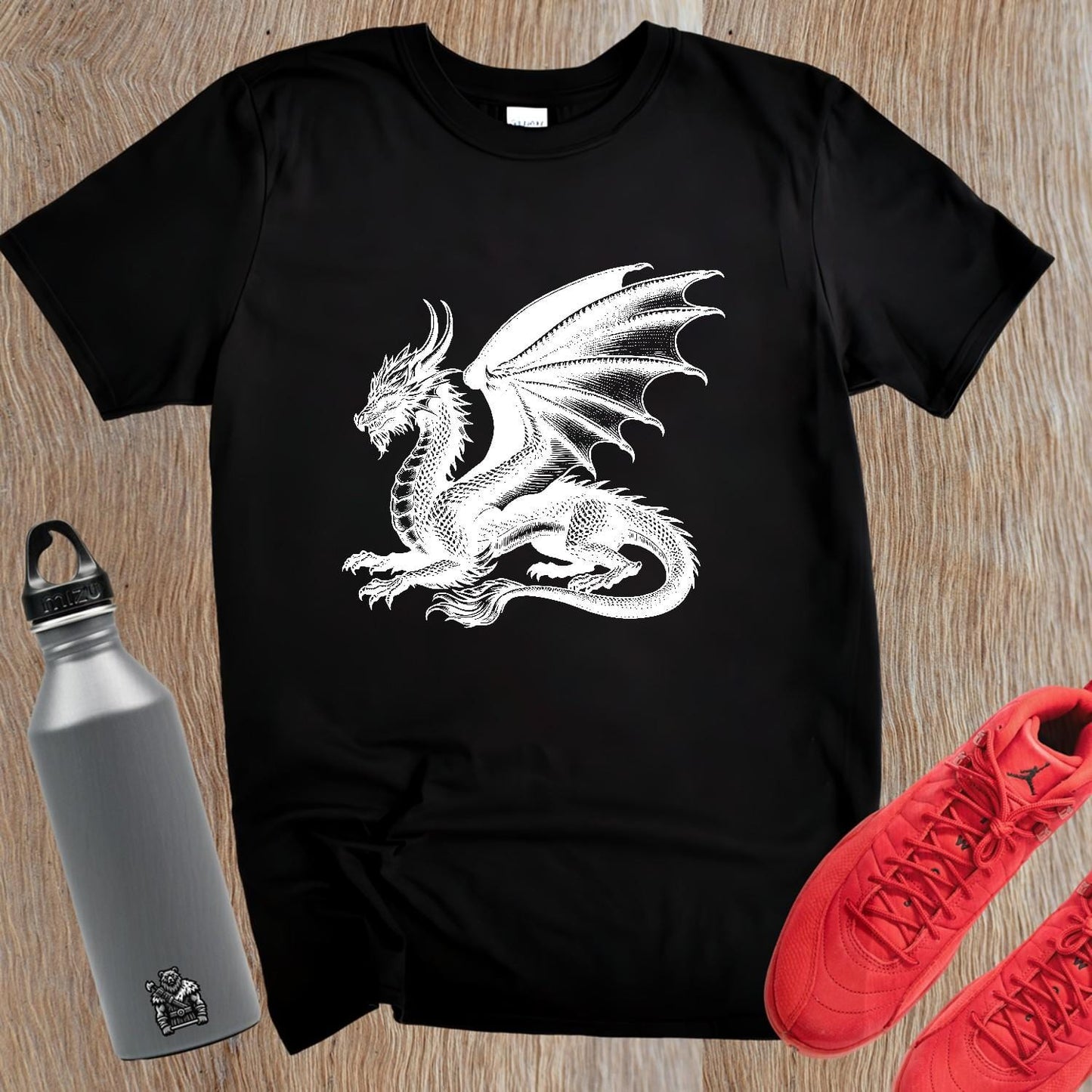 "Epic dragon design T-shirt featuring a fierce graphic, perfect for gym enthusiasts and casual wear, showcasing strength and determination."