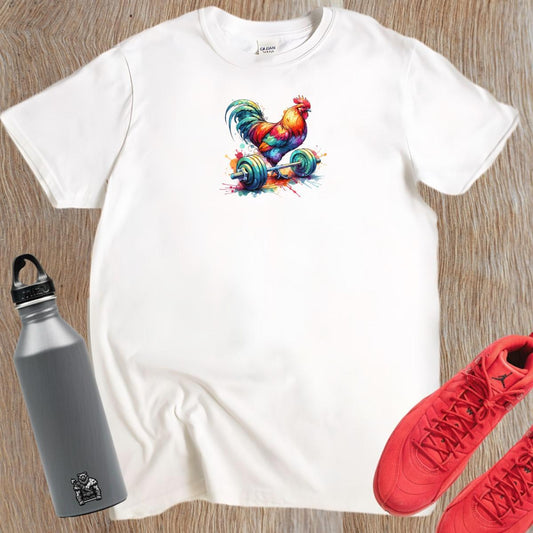 "Vibrant 'Rooster Gains' T-Shirt featuring a colorful rooster design, perfect gym wear for strength and motivation during workouts."